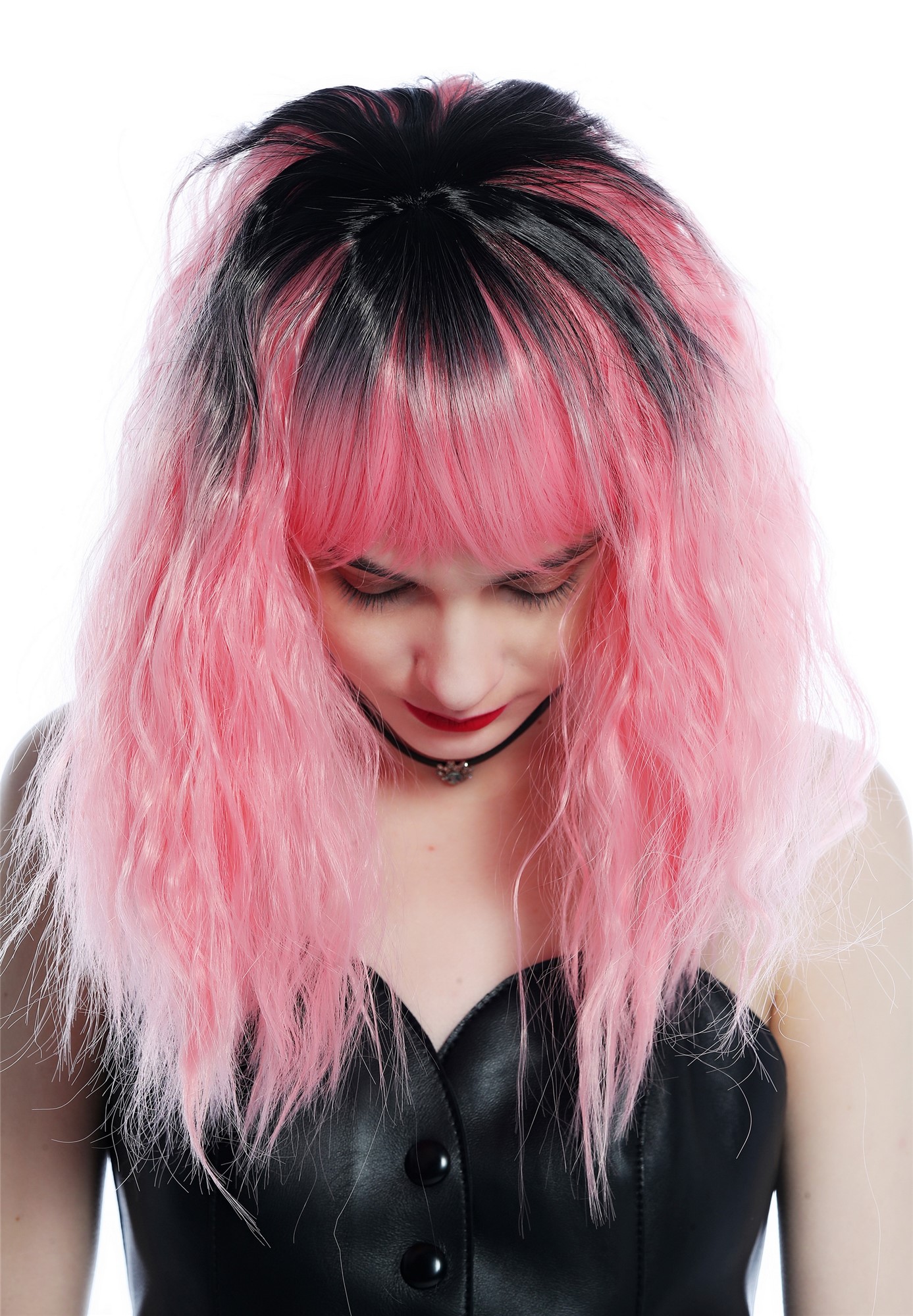 Women's Wig shoulder-length wavy frizzy kinks fringe ombre black pink ZM-1002, view 5, WIG ME UP: Your Perücken Online Shop Quality Wigs, Ladies, black-pink gradient, wavy, shoulder-length