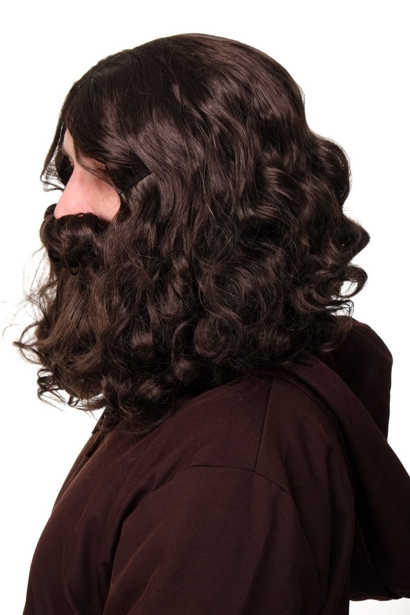 günstige Party Perücke, Perücke + Vollbart Jesus Guru Hipster Braun Modell: WIG005, Ansicht 3, WIG ME UP: Ihr Perücken Online Shop wellige Party Perücke Braun schulterlange Haare für Herren