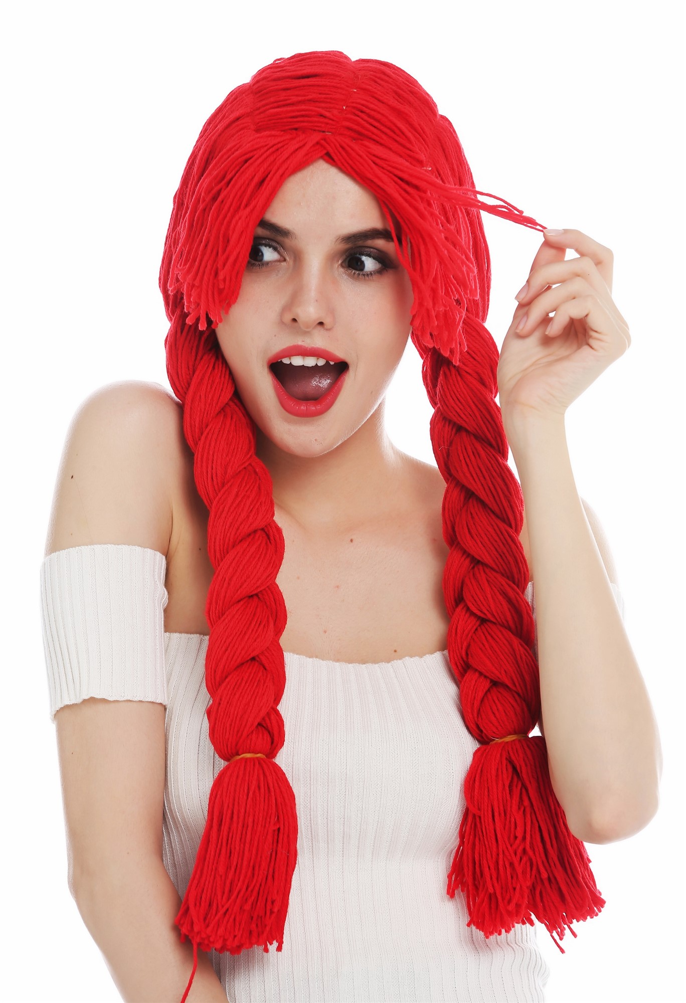 Wig carnival women doll thick fabric doll hair red braids long plaited 840357, front view, WIG ME UP: Your Perücken Online Shop Party Wig, Ladies, fire red, Braided, long