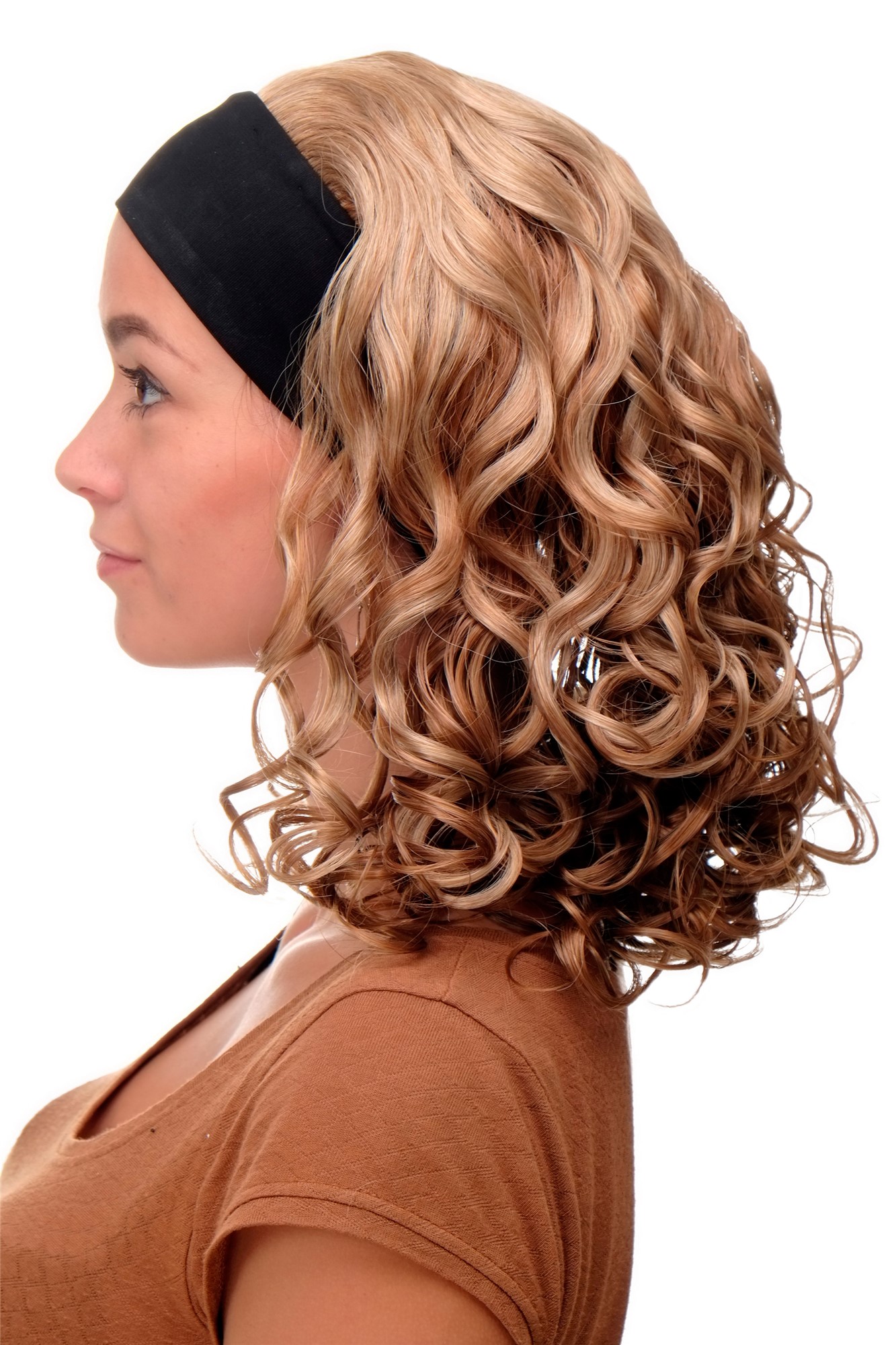 hochwertige Qualitätsperücken, Perücke Stirnband Blond-Mix Locken Schulterlang BRO-704-G15, Vorderansicht, WIG ME UP: Ihr Perücken Online Shop lockige Tressen-Perücke mit Stirnband Blond-Mix schulterlange Haare für Damen