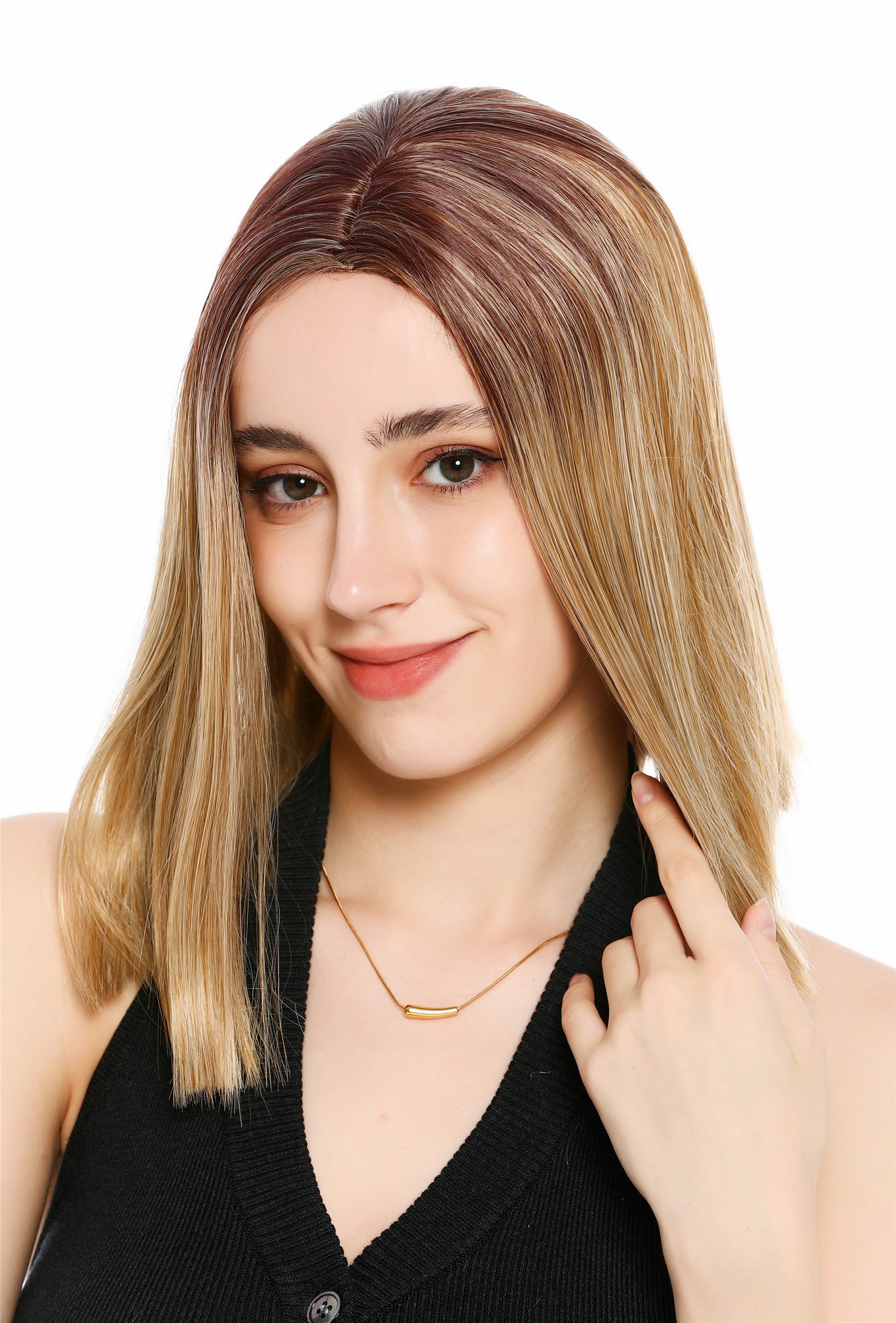 Perücke Damen schulterlang Longbob glatt Mittelscheitelt Ombre Balayage Highlights Rotbraun Blond GFW4029S-27/613+33