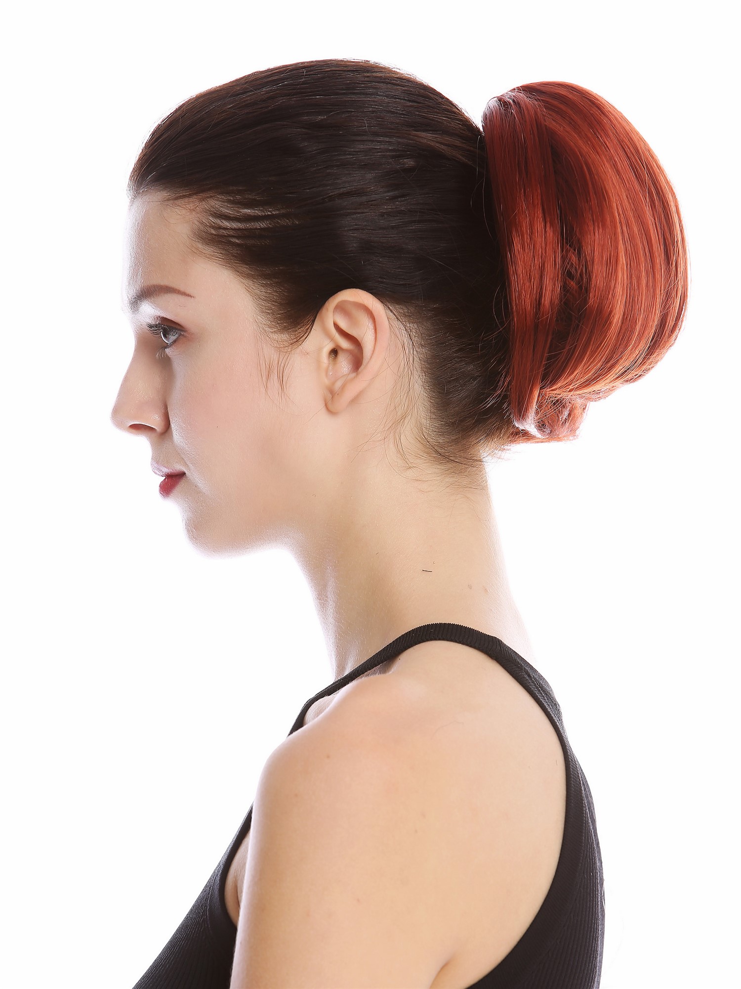 Ponytail Hairpiece short straight voluminous like hair bun dark copper red 909AB, front view, WIG ME UP: Your Perücken Online Shop Ponytails, copper, curled, short