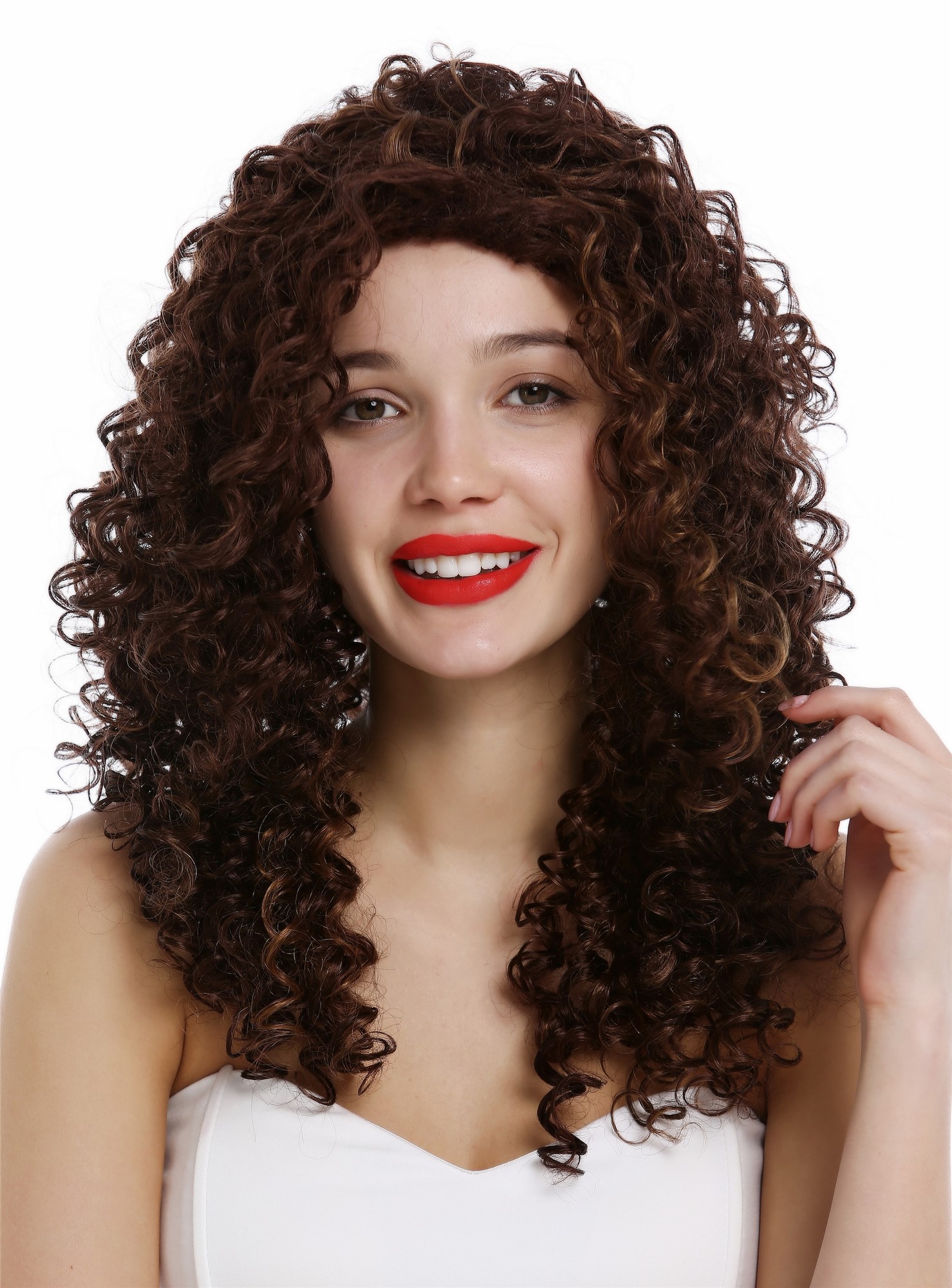 hochwertige Qualitätsperücken, Perücke Lockenpracht extrem lockig voluminös Mahagoni Braun Blond Gesträhnt VK-35-33H27, Ansicht 2, WIG ME UP: Ihr Perücken Online Shop lockige Tressen-Perücke Braun-Blond-Mix lange Haare für Damen