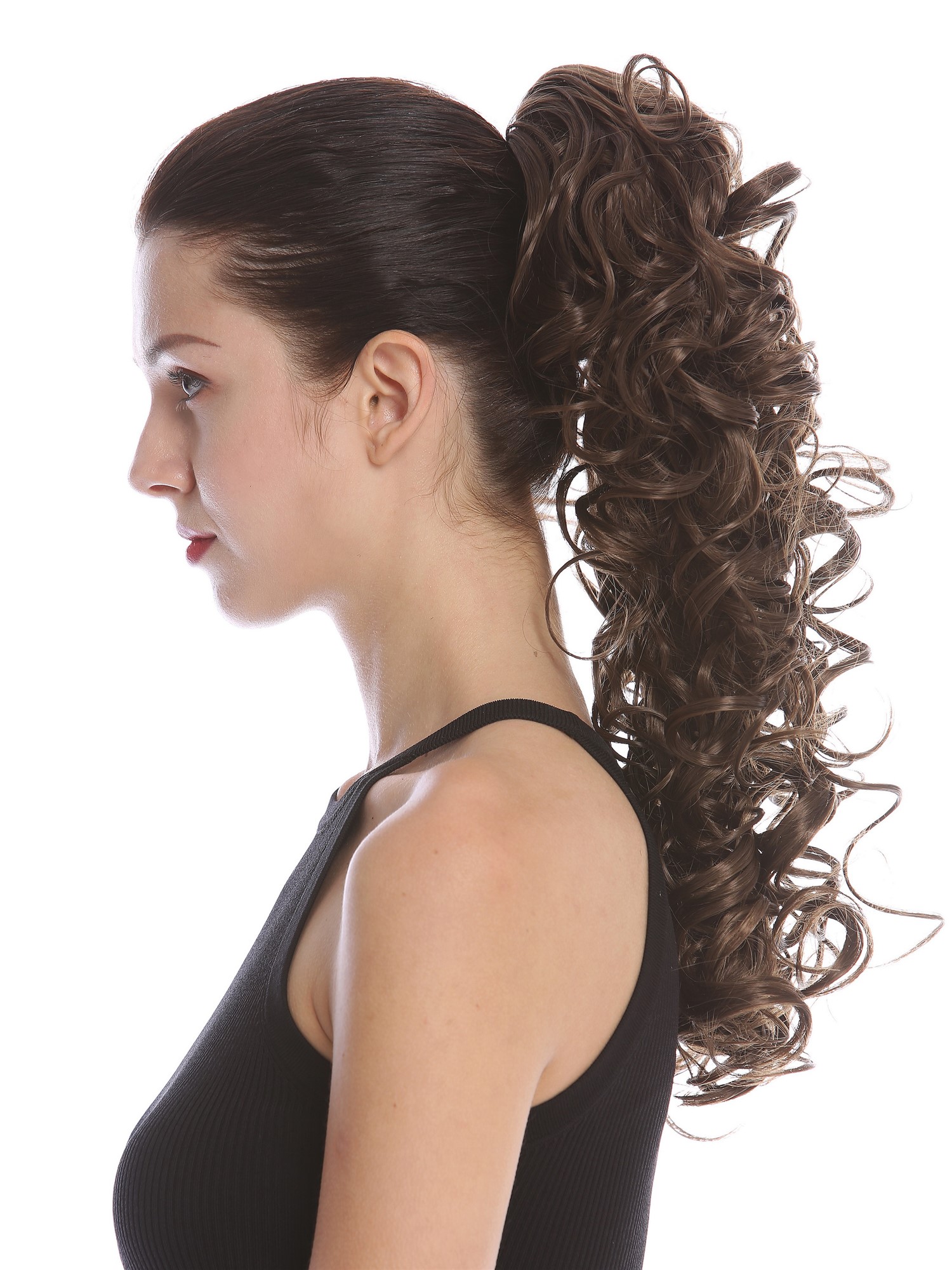 Ponytail Hairpiece Combs Clamp long voluminous curled curls medium brown MKB-6A, front view, WIG ME UP: Your Perücken Online Shop Ponytails, medium golden brown, curled, shoulder-length