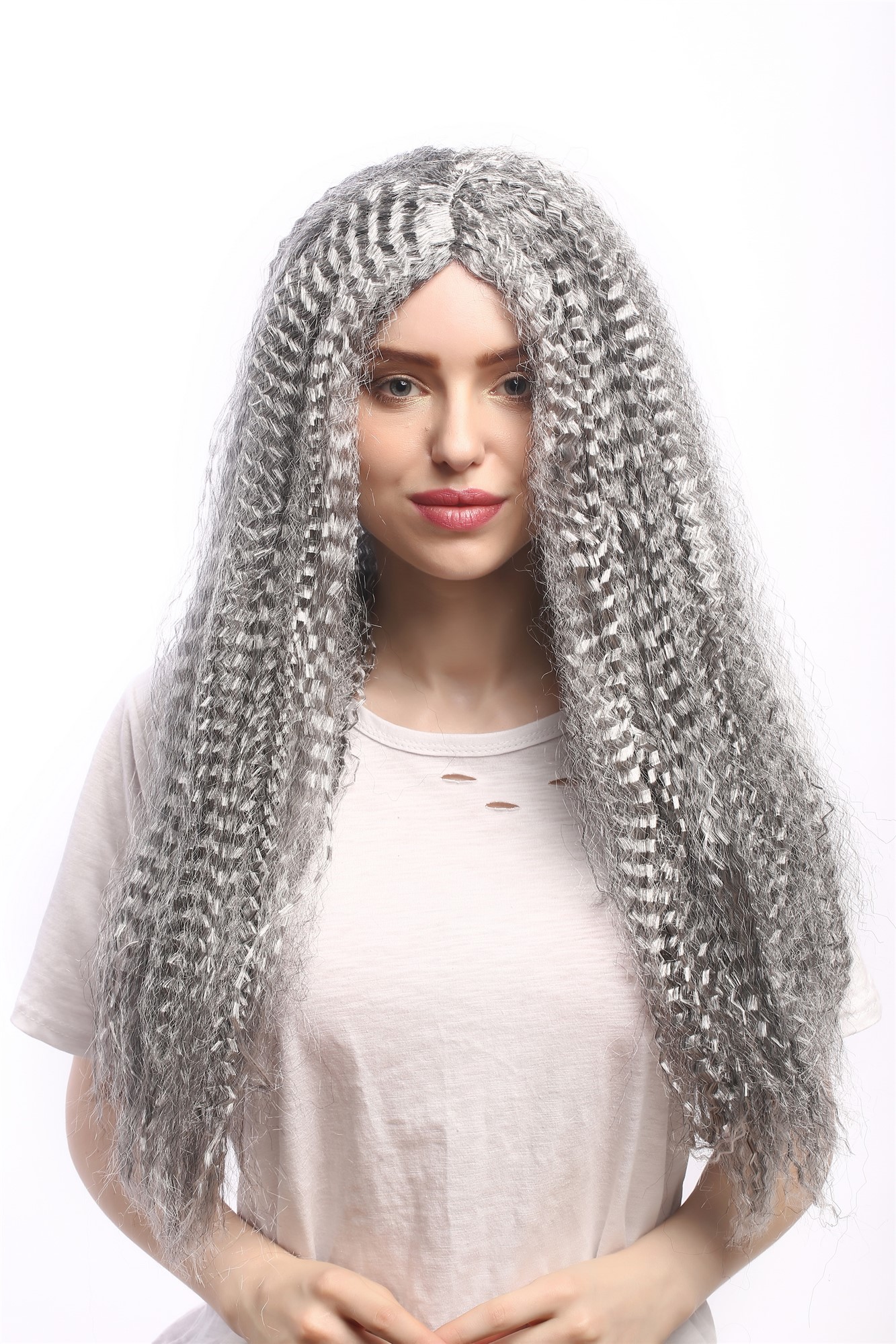 Lady Party Wig Halloween long kinked grey hair straight middle parting Vampire Witch Old Hippy 23", front view, WIG ME UP: Your Perücken Online Shop Party Wig, Ladies, Grey, curled, long