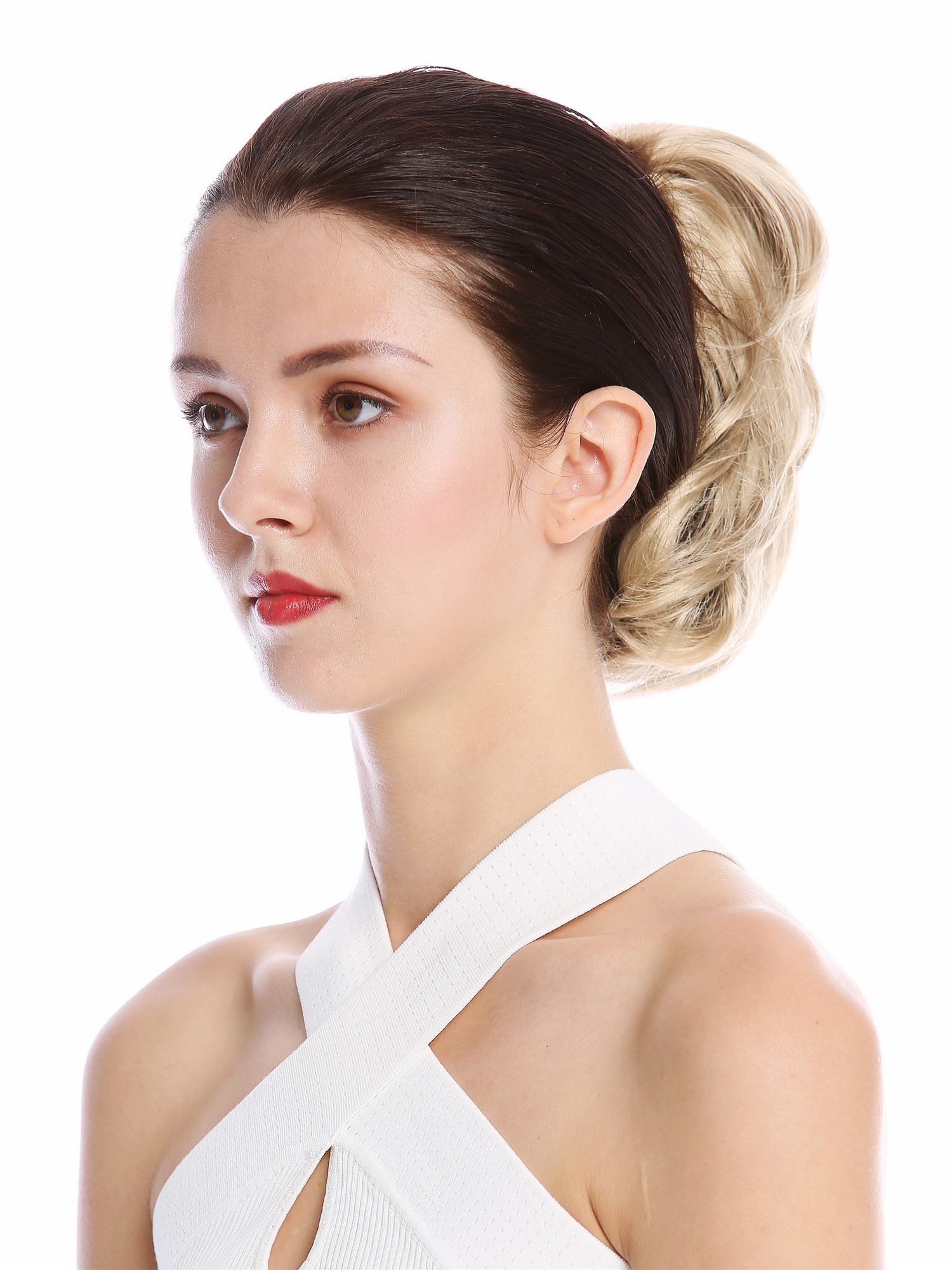 hochwertiger Zopf Pferdeschwanz kurz voluminös wellig Aschblond 1028-V-24, Ansicht 3, WIG ME UP: Ihr Perücken Online Shop glattes Zopf-Haarteil Aschblond 20 cm lang