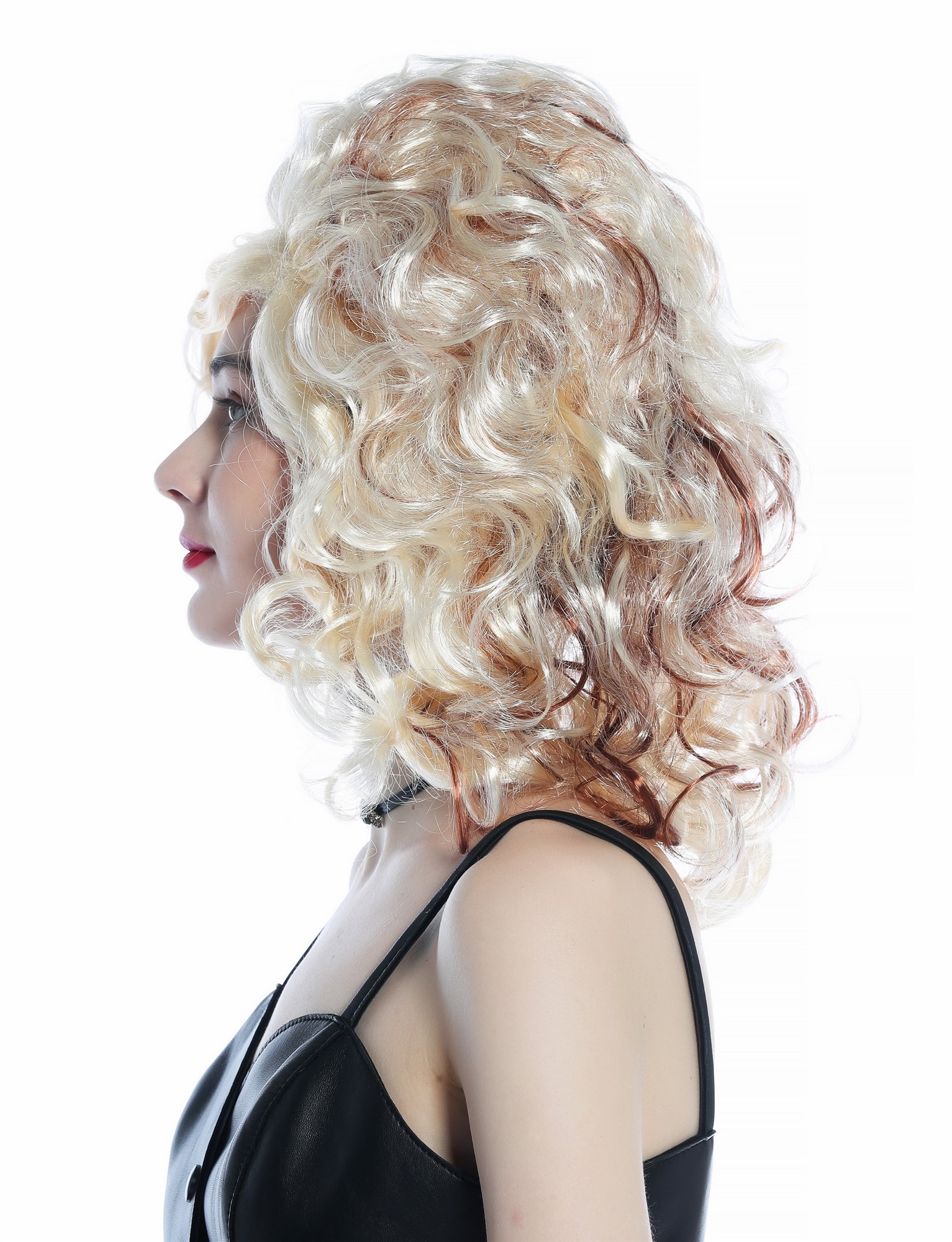 günstige Party Perücke, Perücke lockig Scheitel Hellblond braune Strähnen 91873-P88-P33A, Ansicht 3, WIG ME UP: Ihr Perücken Online Shop lockige Party Perücke Blond mit Mahagoni strähnen schulterlange Haare für Damen