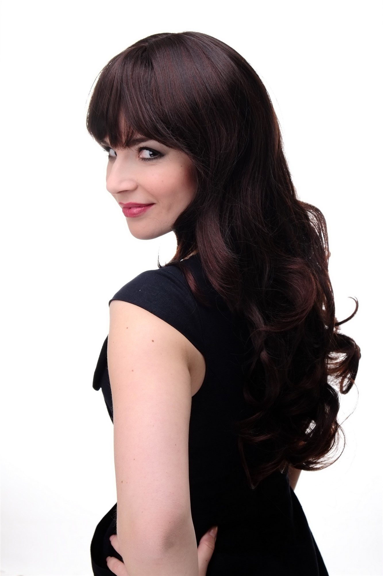 Lady wig very long curling tips straight top fringe bangs mahogany brown mix 285, view 4, WIG ME UP: Your Perücken Online Shop Quality Wigs, Ladies, black-brown-mahogany brown mix, curled, long