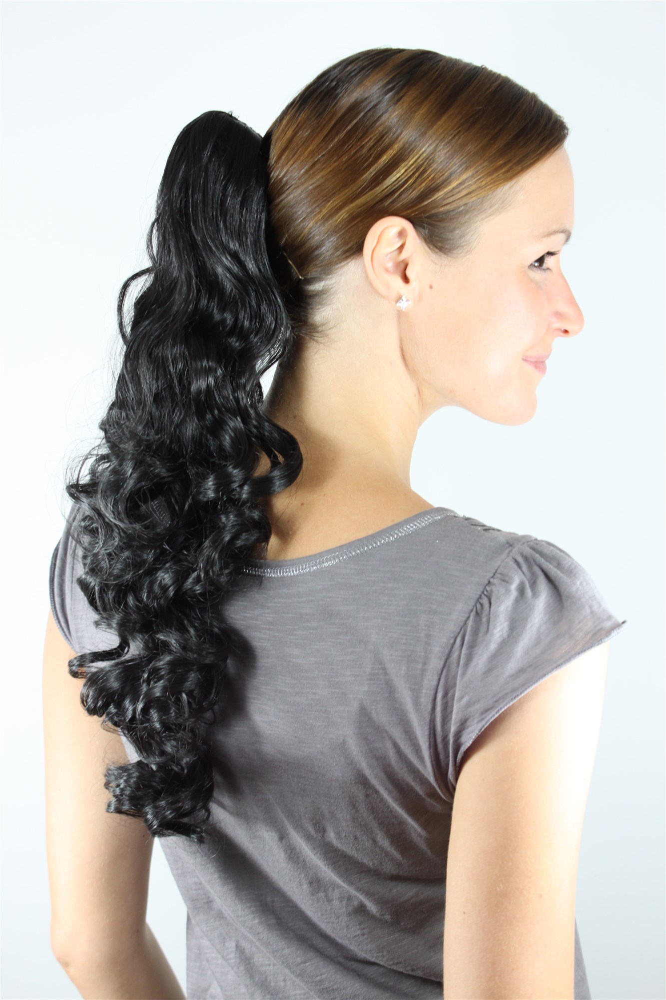 hochwertiges Haarteil mittellang SCHWARZ lockig NC218-2, Ansicht 2, WIG ME UP: Ihr Perücken Online Shop lockiges Zopf-Haarteil Schwarzbraun 45 cm lang
