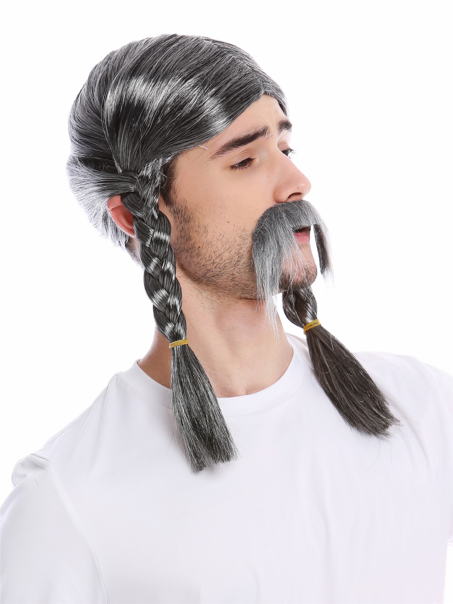 günstige Party Perücke, Perücke Bart Wikinger Gallier Zöpfe Grau 91099-ZA63/ZA103, Ansicht 2, WIG ME UP: Ihr Perücken Online Shop geflochtene Party Perücke Grau lange Haare für Herren