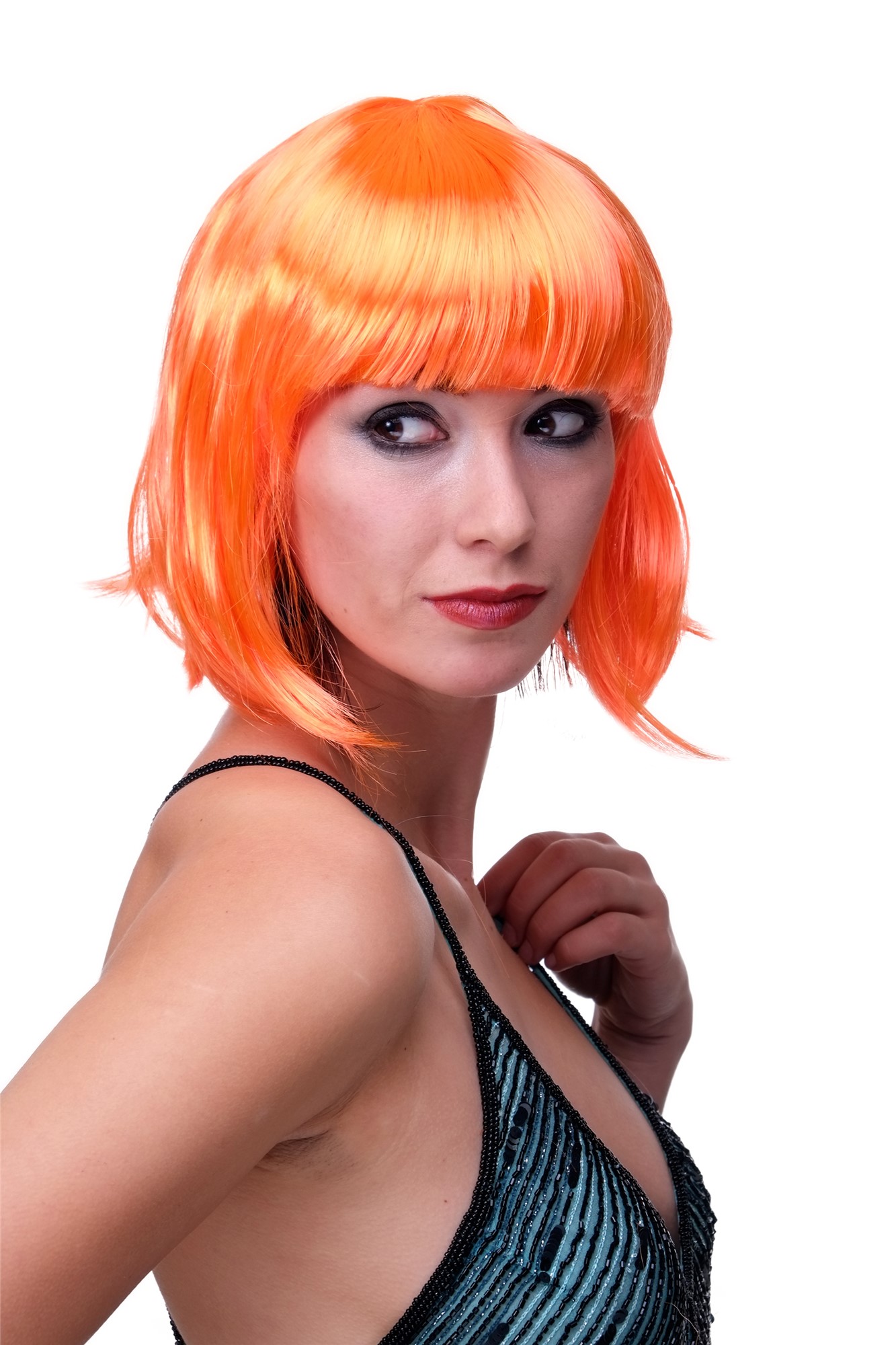 Party Halloween Disco lady women wig Bob fringe bangs short sexy orange PW0114, front view, WIG ME UP: Your Perücken Online Shop Party Wig, Ladies, neon orange, straight, short
