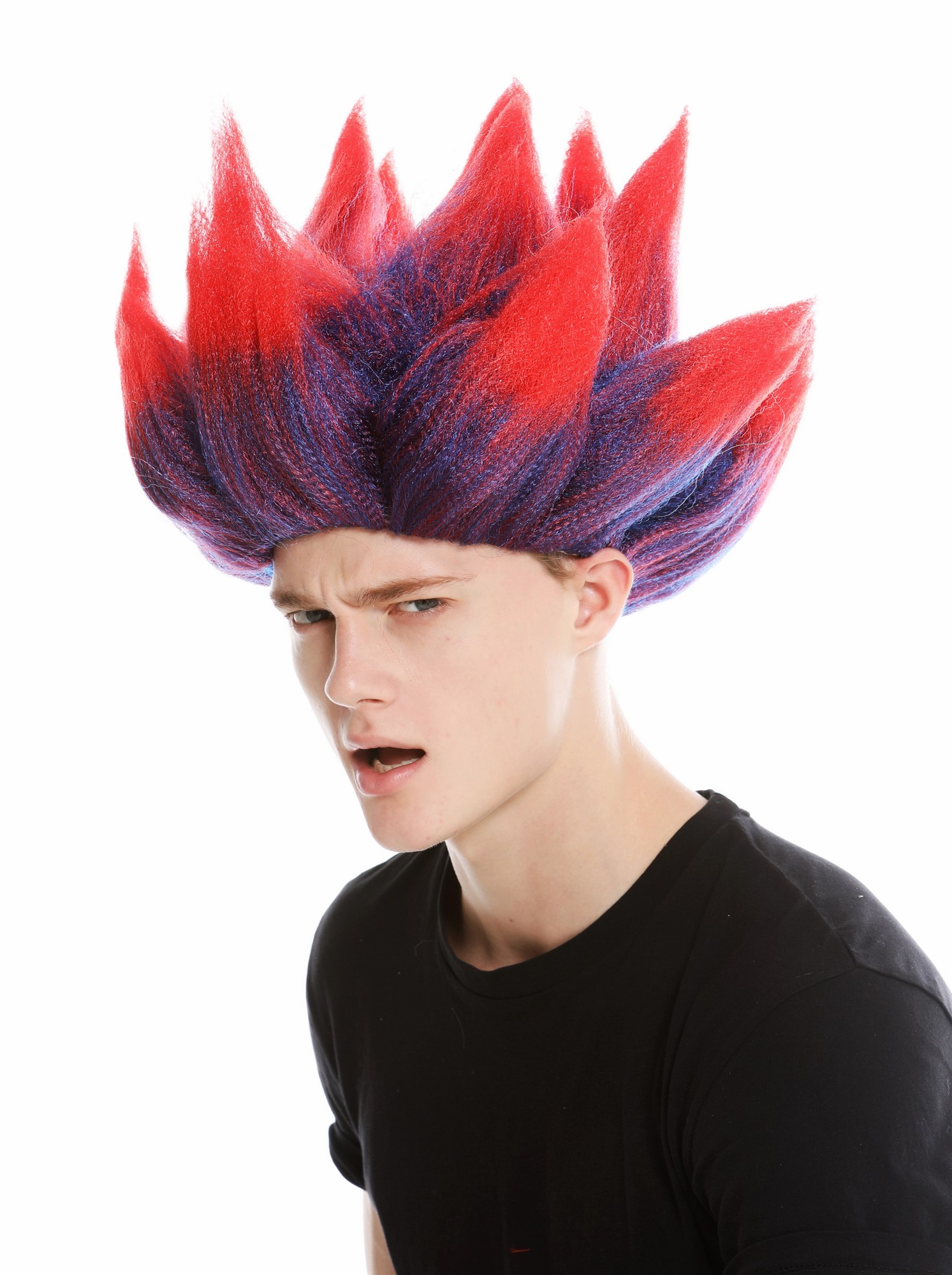 Party wig men women carnival backcombed demon devil troll flower blue red LM-19, view 3, WIG ME UP: Your Perücken Online Shop Party Wig, Unisex, Red-blue with red tips, wavy, short