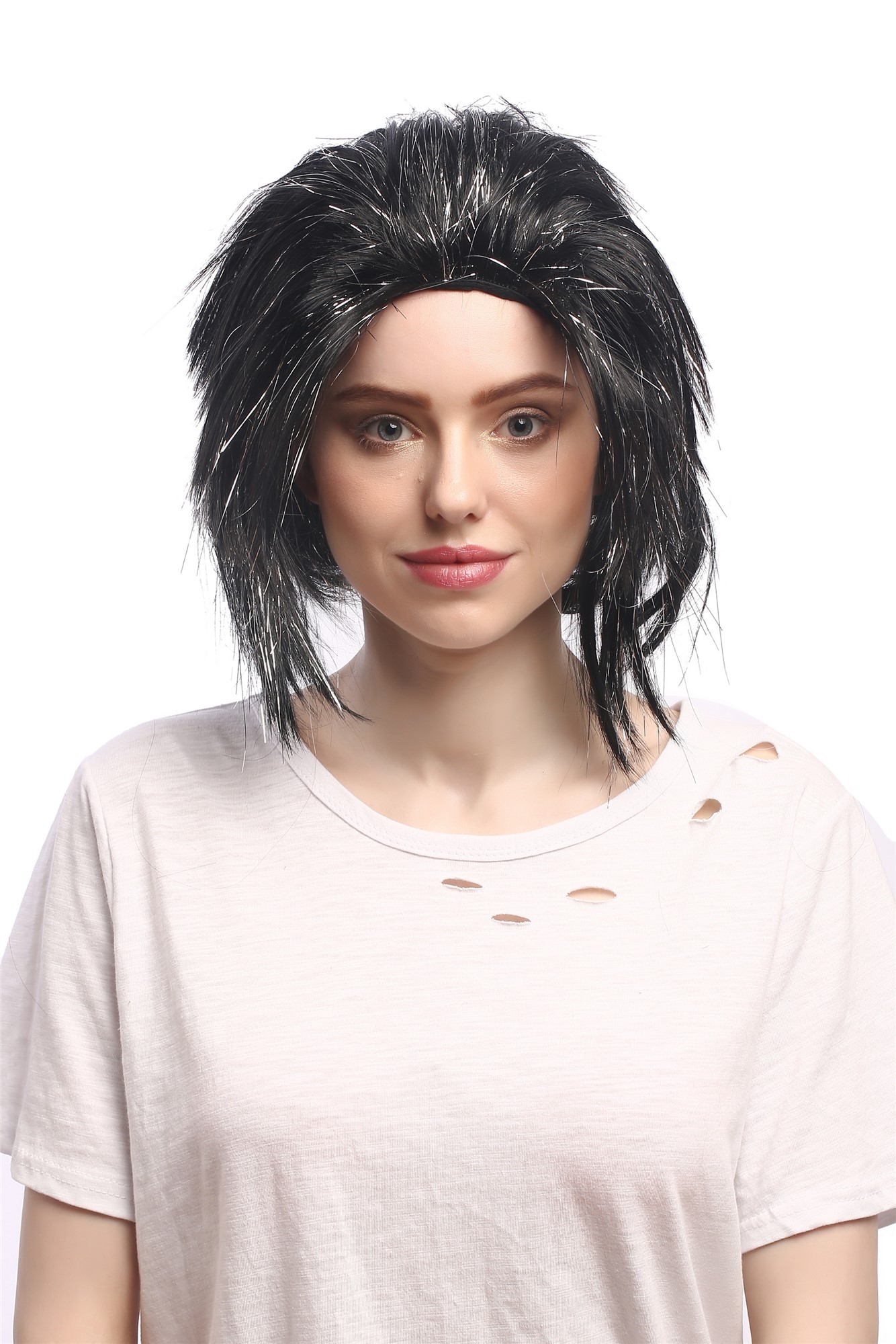 günstige Party Perücke, Perücke Schwarz Silber Strähnen Zopf 91064-ZA103-silver, Vorderansicht, WIG ME UP: Ihr Perücken Online Shop wellige Party Perücke Schwarz lange Haare Unisex