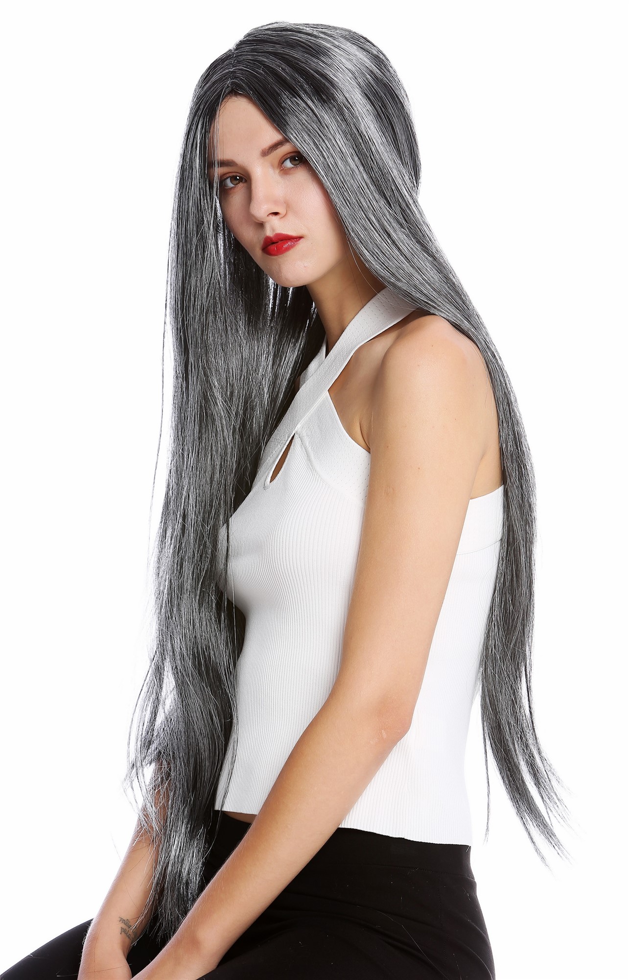 günstige Party Perücke, Perücke Lang Mittelscheitel glatt Schwarz Grau TH46-P103MP68, Ansicht 3, WIG ME UP: Ihr Perücken Online Shop glatte Party Perücke Grau sehr lange Haare Unisex