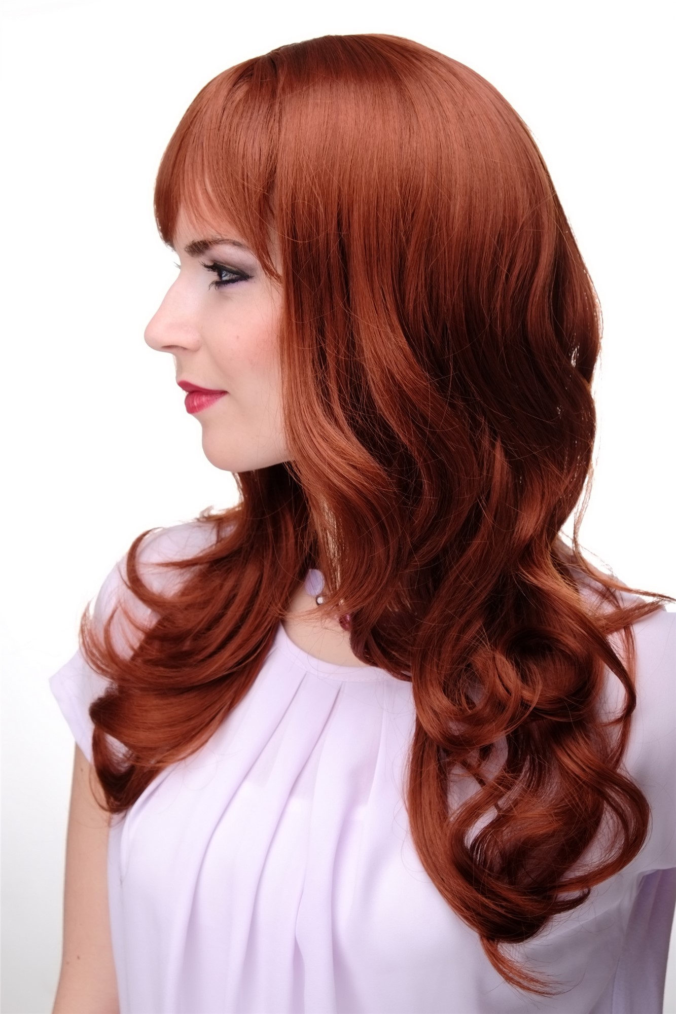 hochwertige Qualitätsperücken, Elegante Damen Perücke lange lockige Haare Pony Rot Kupferrot 3001-130, Ansicht 2, WIG ME UP: Ihr Perücken Online Shop wellige Tressen-Perücke mit Kopfhaut-Imitat Kupferrot lange Haare für Damen