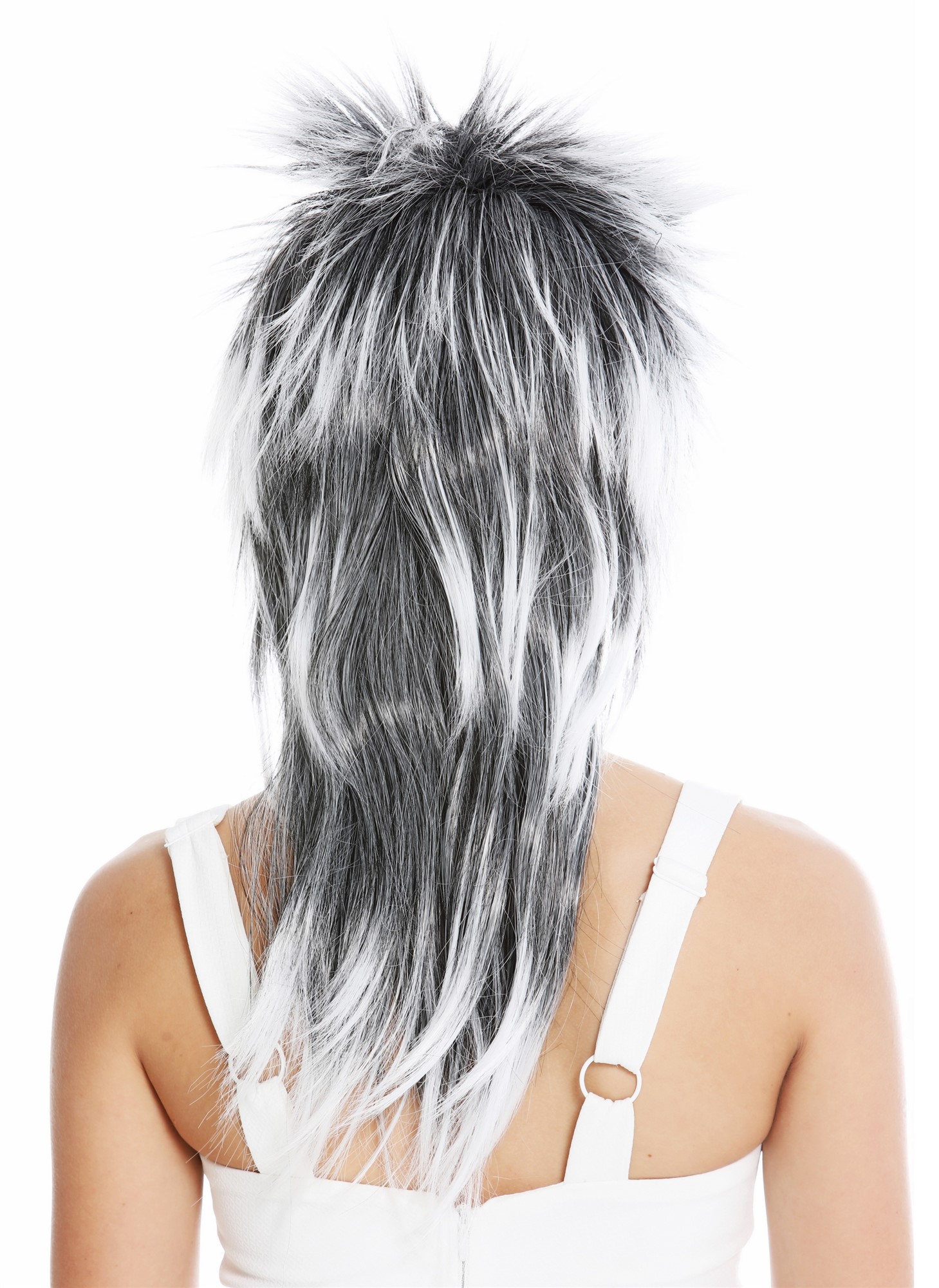 Party wig carnival punk mullet rocker wild 80's wave long black white DH1069, view 3, WIG ME UP: Your Perücken Online Shop Party Wig, Unisex, black and white mix, straight, long