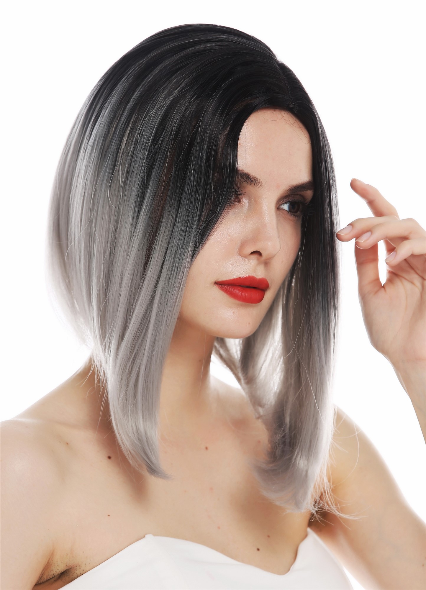 glatte Tressen-Perücke mit Kopfhaut-Imitat Schwarz-Grau-Mix kurze Haare für Damen