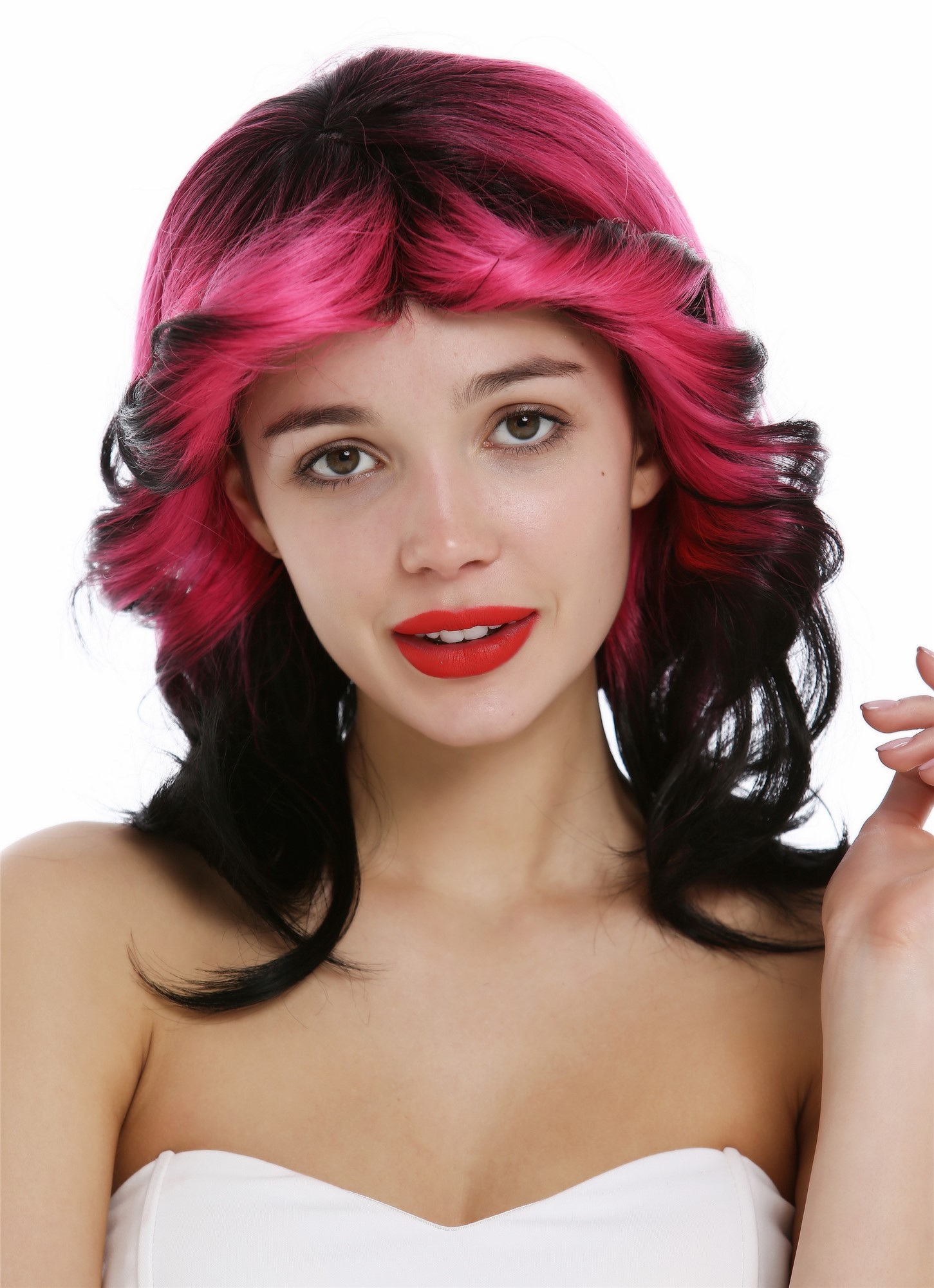 hochwertige Qualitätsperücken, Perücke gewellt toupiert 70er 80er Retro Schwarz Rosa VK-41-1B/HCT5S1B, Ansicht 2, WIG ME UP: Ihr Perücken Online Shop lockige Tressen-Perücke mit Kopfhaut-Imitat Schwarz-Rosa-Mix schulterlange Haare für Damen