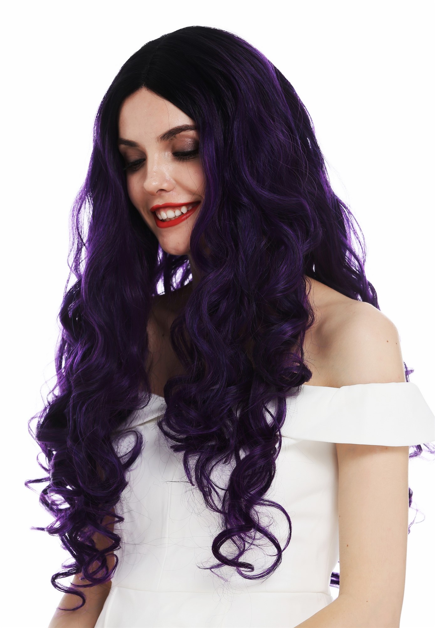hochwertige Qualitätsperücken, Perücke Lace-Front extrem lang voluminös gelockt Ombre Schwarz Violett DW2904-MF-PURPLEYS1B, Ansicht 3, WIG ME UP: Ihr Perücken Online Shop lockige Tressen-Perücke mit Teil-Mono Oberkopf, Front-Lace Violett-Schwarz-Mix sehr lange Haare für Damen
