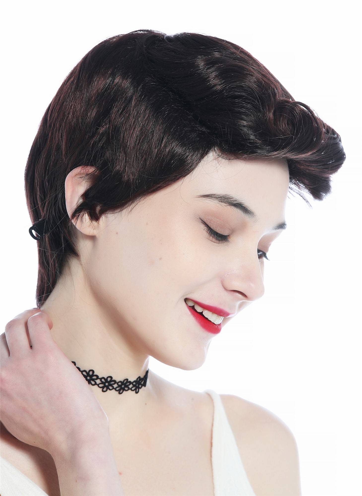 hochwertige Qualitätsperücken, Perücke unisex kurz glatt gelockte Tolle Mahagoni Braun Mix DW3333-2T33, Vorderansicht, WIG ME UP: Ihr Perücken Online Shop lockige Tressen-Perücke Braun-Rot-Mix kurze Haare für Unisex