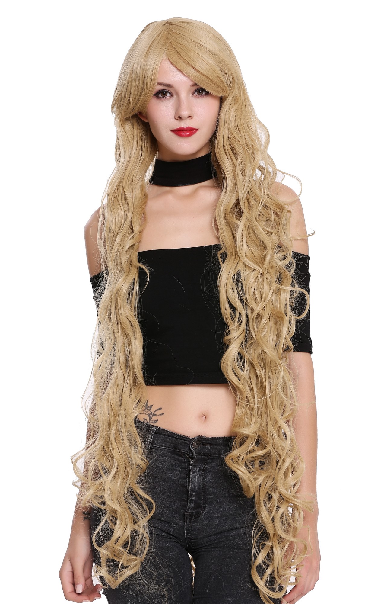 hochwertige Qualitätsperücken, Perücke sehr lang Rapunzel Locken Hellblond CL-100-86, Vorderansicht, WIG ME UP: Ihr Perücken Online Shop lockige Tressen-Perücke mit Kopfhaut-Imitat Goldblond sehr lange Haare für Damen