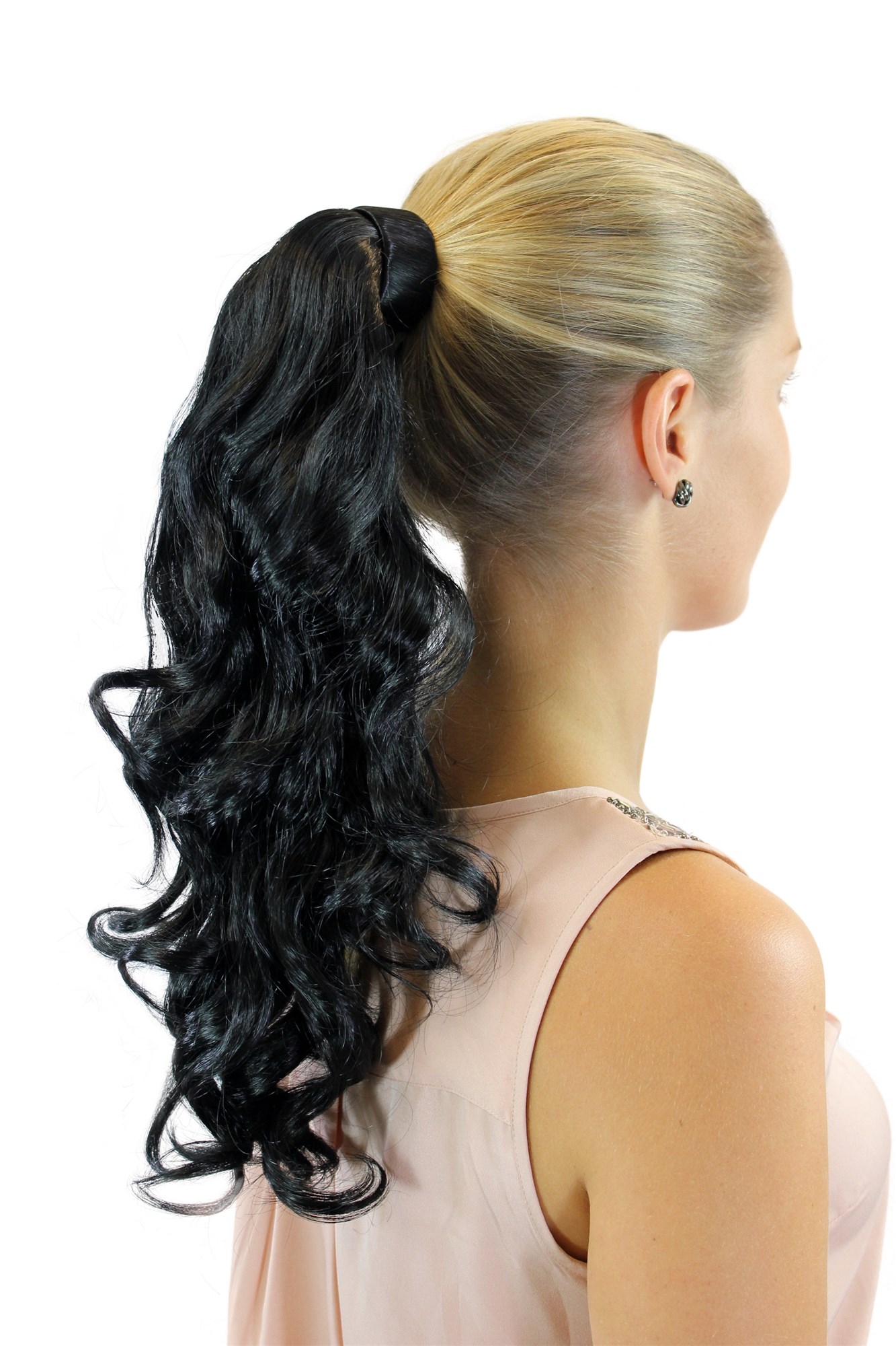 hochwertiges Haarteil Zopf leicht gelockt Steckkamm & Haarreif Schwarz Rosy-1, Ansicht 2, WIG ME UP: Ihr Perücken Online Shop welliges Zopf-Haarteil Schwarz 45 cm lang