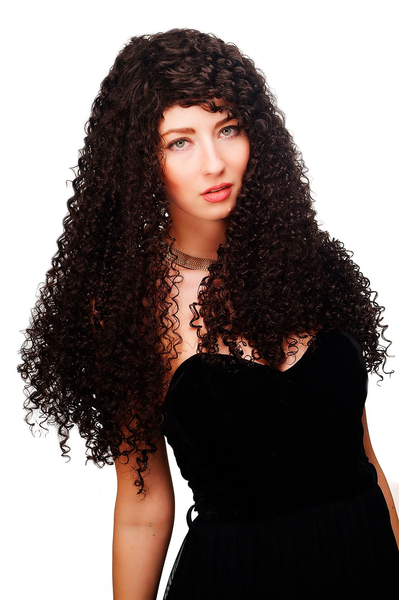hochwertige Qualitätsperücken, Perücke Karibik dunkelbraun Kinks Locken Latina BA-1-4, Ansicht 2, WIG ME UP: Ihr Perücken Online Shop lockige Tressen-Perücke Braun lange Haare für Damen