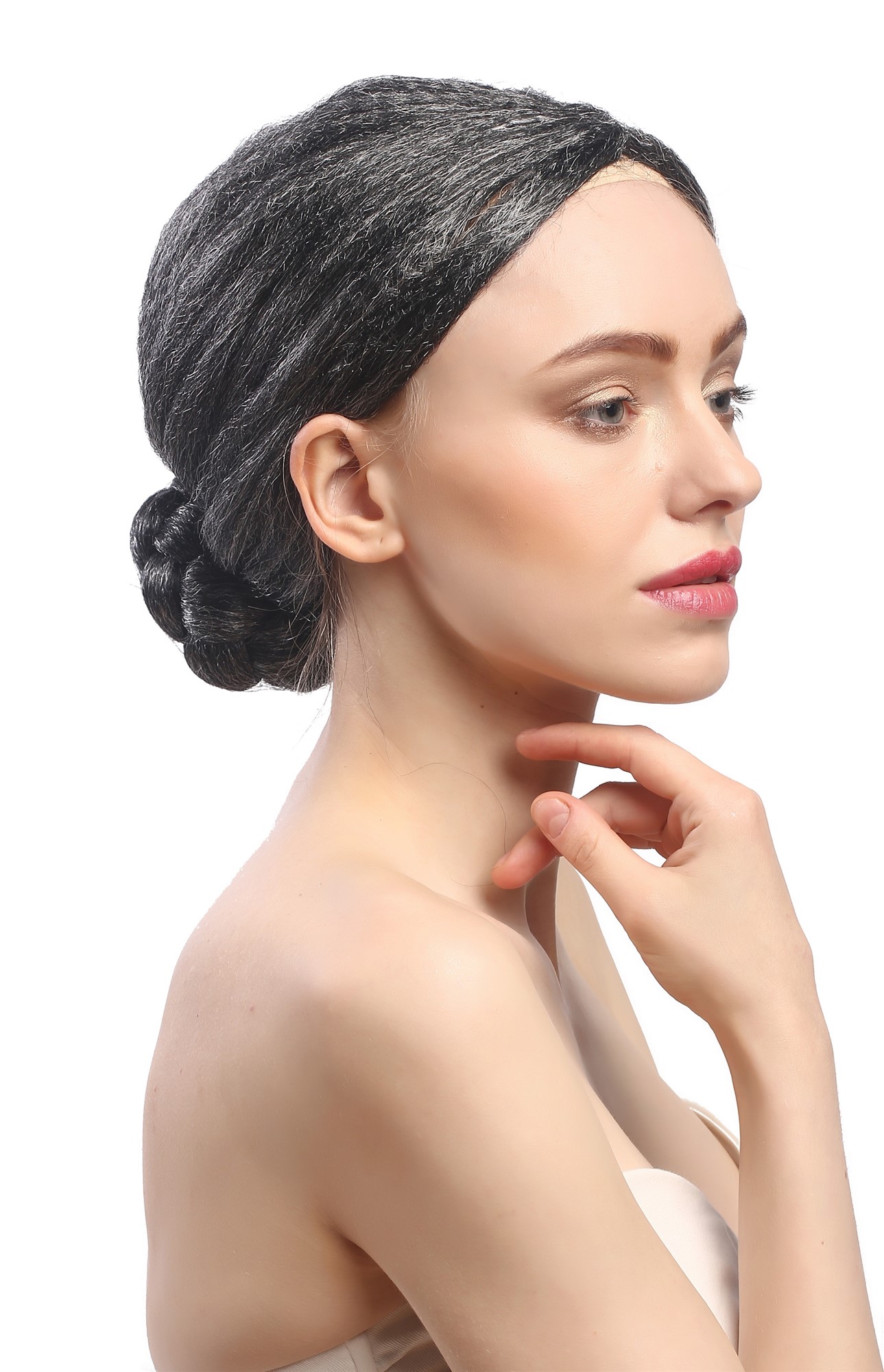 Lady Party Wig black grey strands hairbunold  Governess Prima Ballerina 4007, front view, WIG ME UP: Your Perücken Online Shop Party Wig, Ladies, Grey, Braided, short