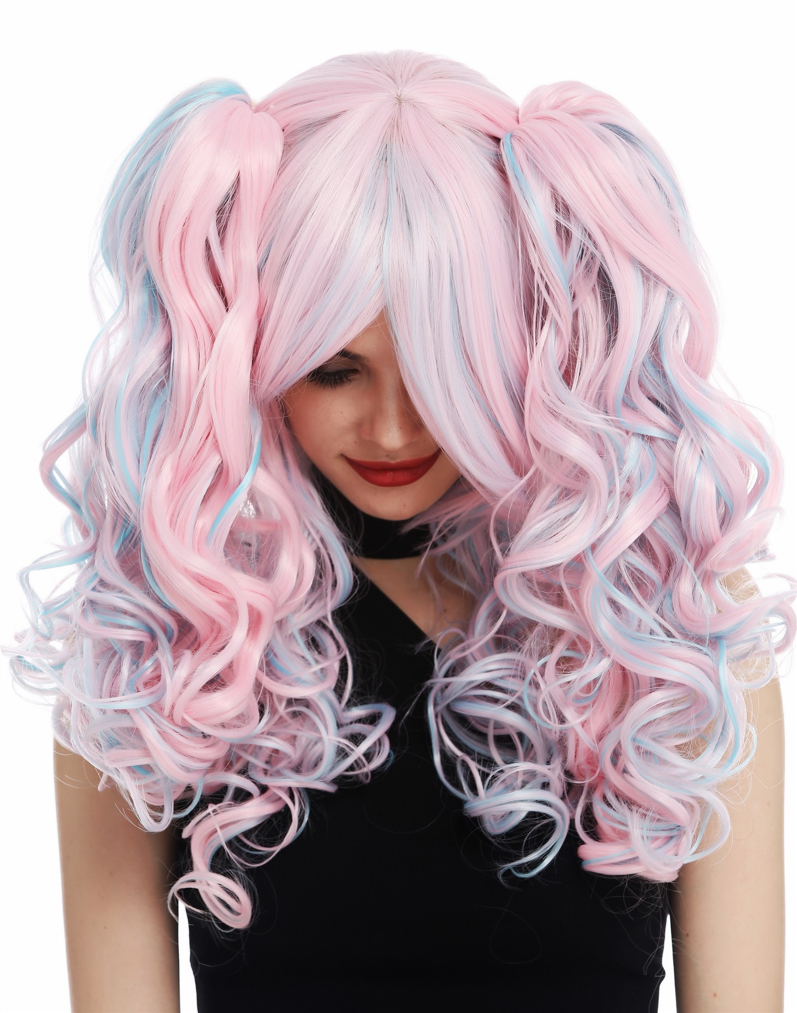 hochwertige Qualitätsperücken, Perücke Cosplay Lolita 2 Zöpfe Rosa Blau Mix lang lockig TYS-295+298-T1911HTF2513, Ansicht 4, WIG ME UP: Ihr Perücken Online Shop lockige Tressen-Perücke mit Kopfhaut-Imitat Rosa-Blau-Mix lange Haare für Damen