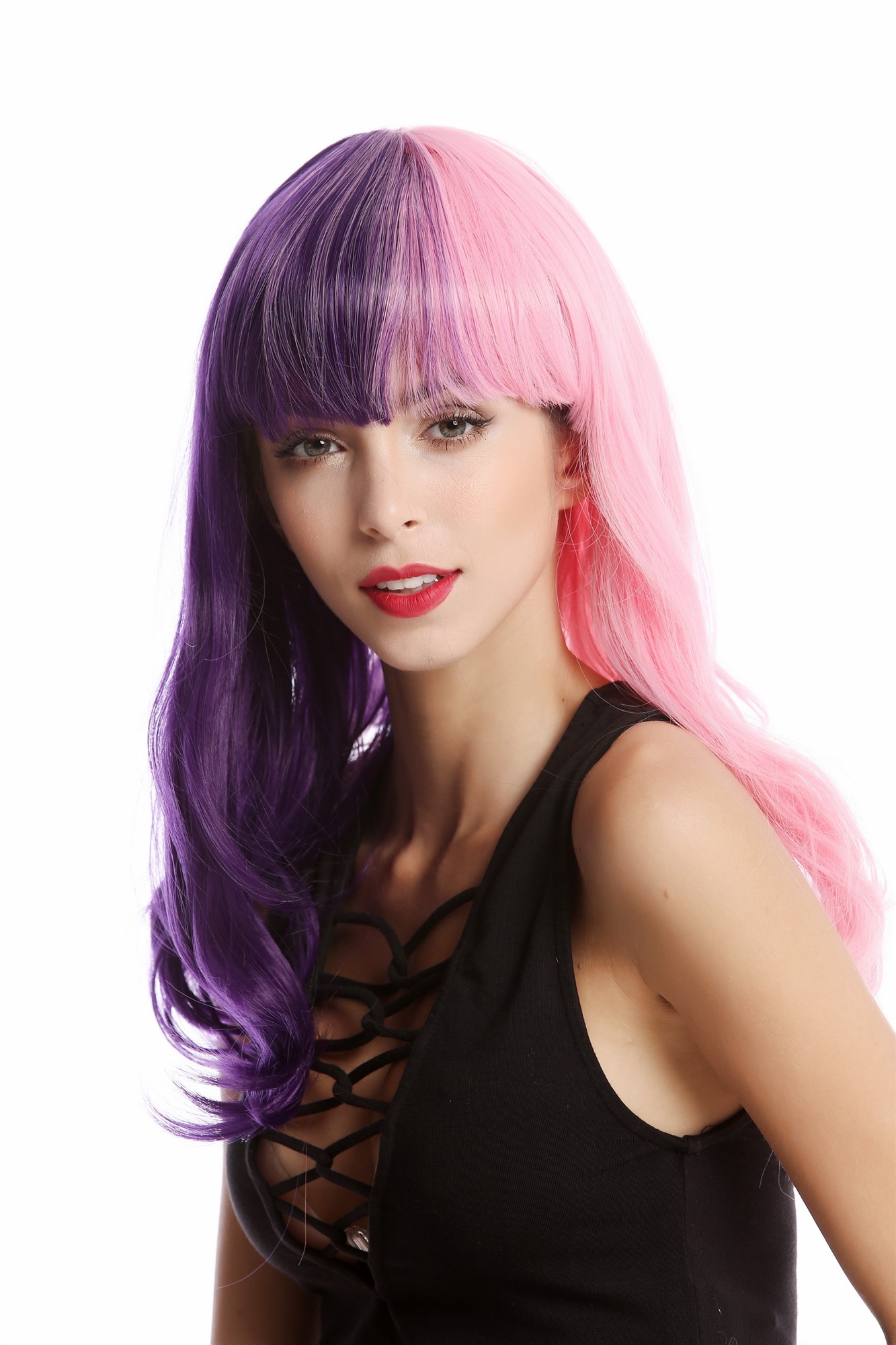 hochwertige Qualitätsperücken, Perücke Lang Lockig Halb Lila Rosa GF-W2301-STEP20+T2311, Ansicht 3, WIG ME UP: Ihr Perücken Online Shop lockige Tressen-Perücke Lila-Neonrosa-Mix lange Haare für Damen