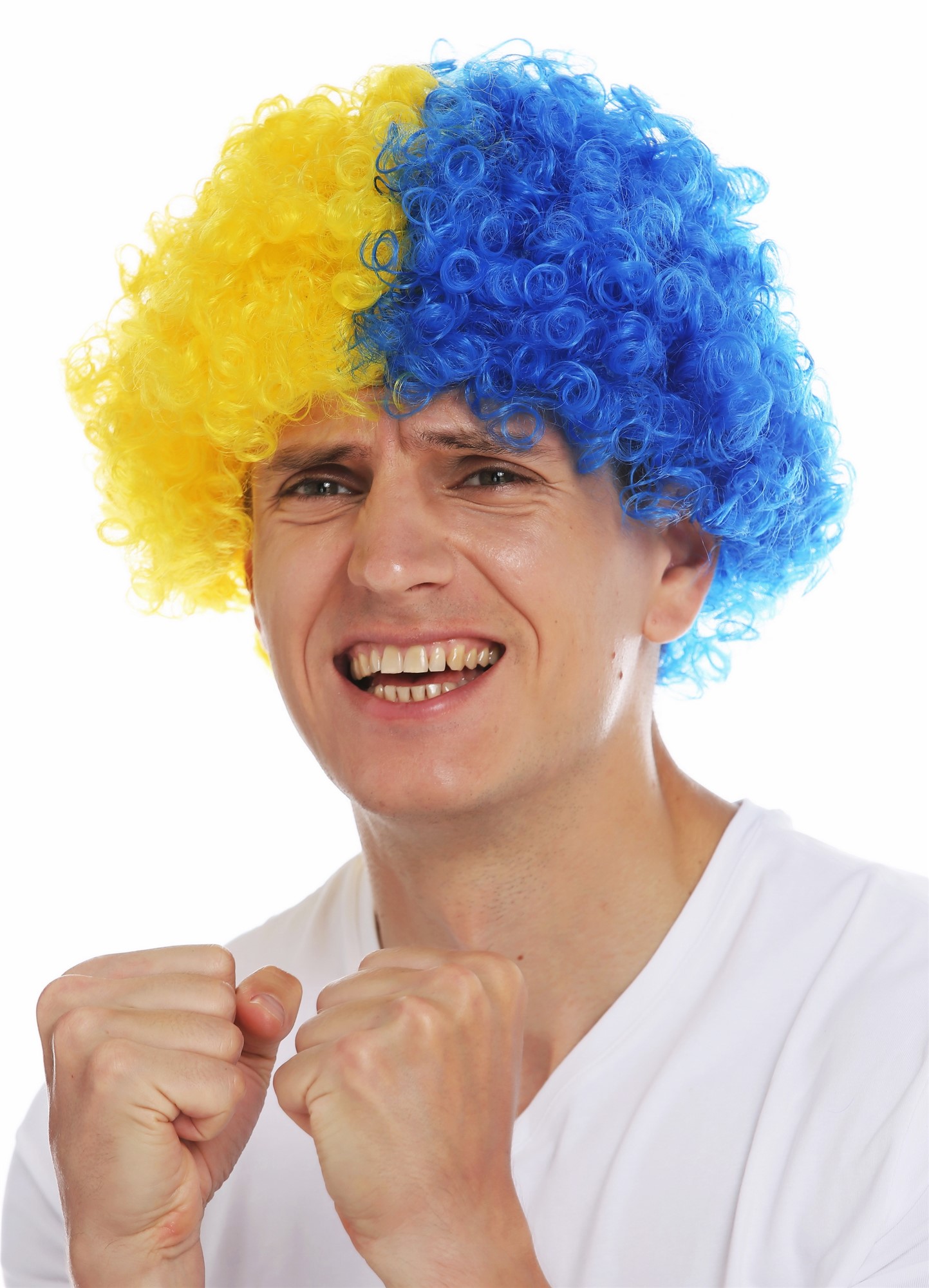 Fan wig carnival afro soccer football world cup yellow blue half half MMAM-15M, view 2, WIG ME UP: Your Perücken Online Shop Party Wig, Unisex, blue-yellow mix, curled, short