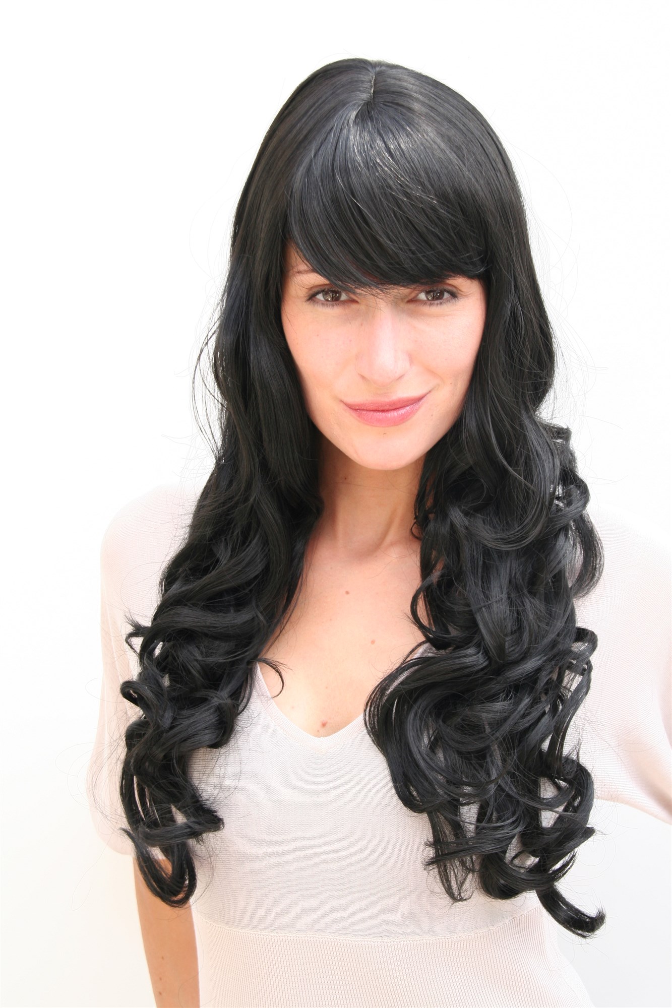 Lady women wig very long curling tips straight top fringe bangs black 285, front view, WIG ME UP: Your Perücken Online Shop Quality Wigs, Ladies, velvet black, curled, long