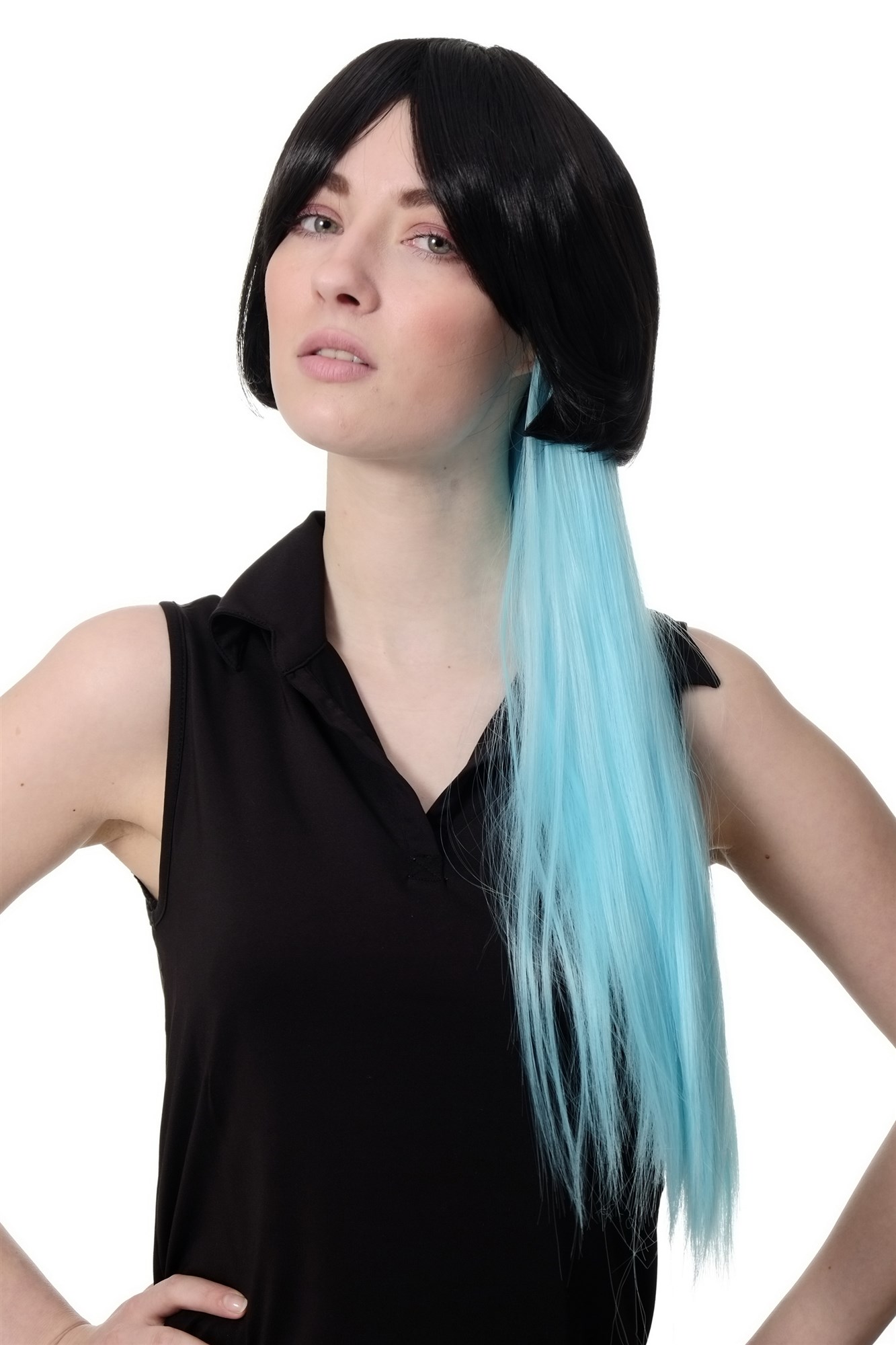 hochwertige Qualitätsperücken, Perücke Cosplay schwarz Bob Zopf cyan SA074-2HTF2513, Vorderansicht, WIG ME UP: Ihr Perücken Online Shop glatte Tressen-Perücke mit Kopfhaut-Imitat Schwarz-Hellblau lange Haare für Damen