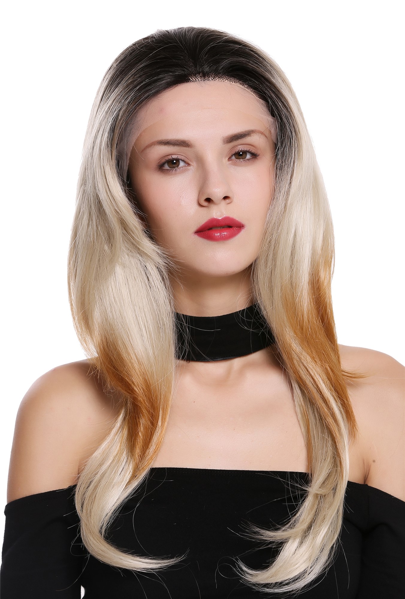 Lady women wig lace front monofilament long sleek ombre black blonde BS201-MF, view 6, WIG ME UP: Your Perücken Online Shop Quality Wigs, Ladies, ash blonde-platinum blonde-velvet black-strawberry blonde mix, wavy, long