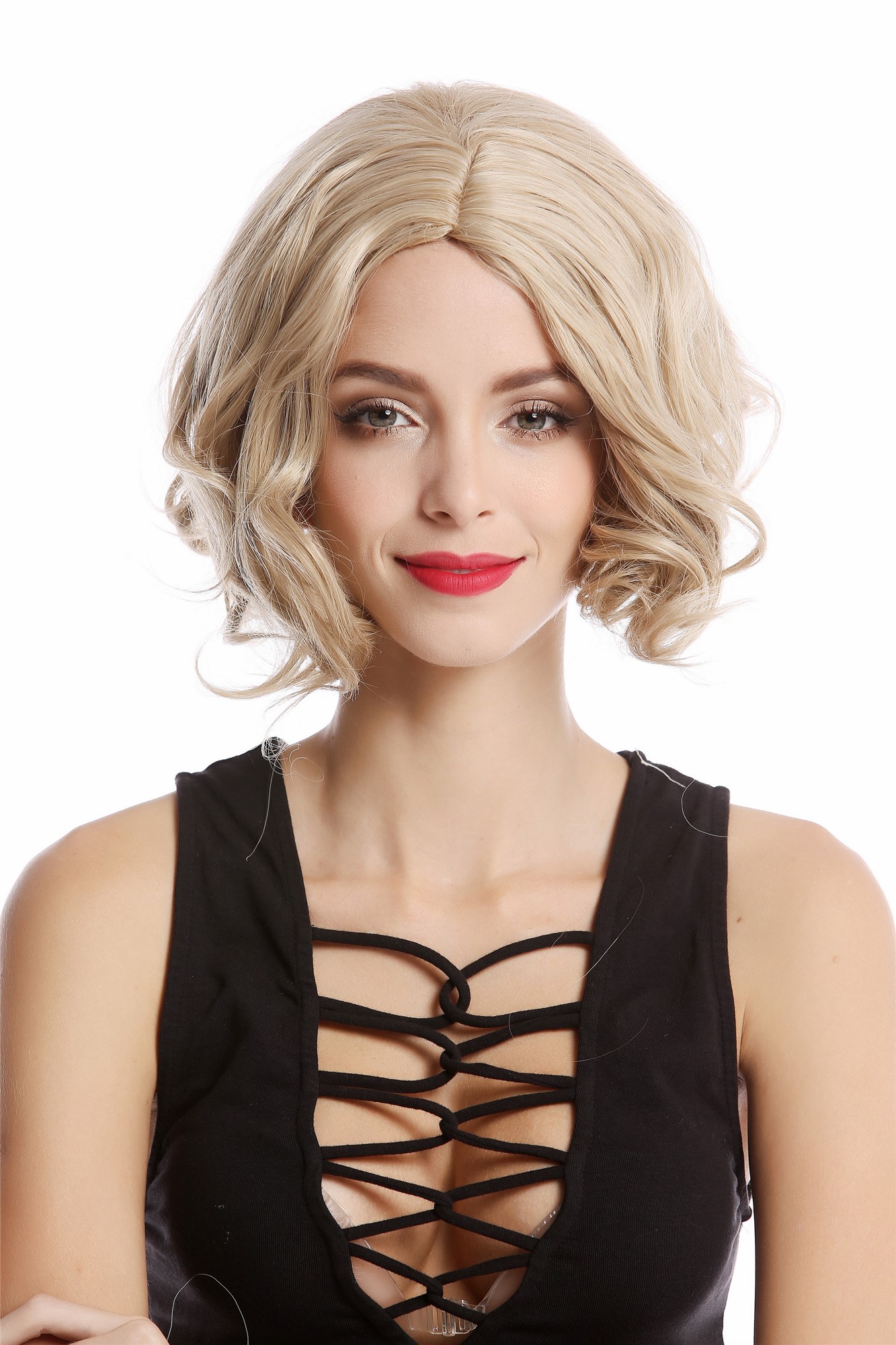 hochwertige Qualitätsperücken, Perücke kurz Mittelscheitel Blond YZF-4372-26/24B/613B, Vorderansicht, WIG ME UP: Ihr Perücken Online Shop lockige Tressen-Perücke mit Kopfhaut-Imitat Blond-Mix kurze Haare für Damen