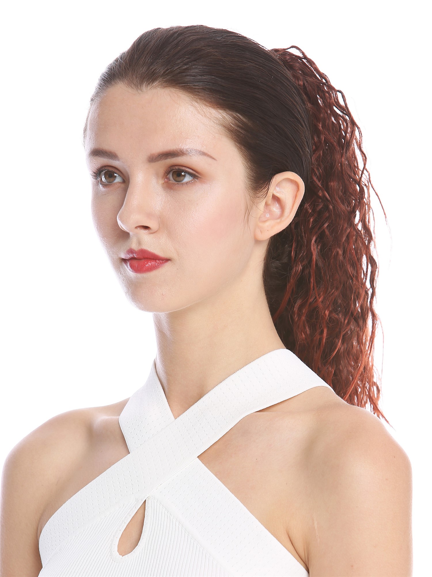 Ponytail very long voluminous curled dark brown with  red highlight tips 237-V, view 3, WIG ME UP: Your Perücken Online Shop Ponytails, brown-red mix, wavy, long