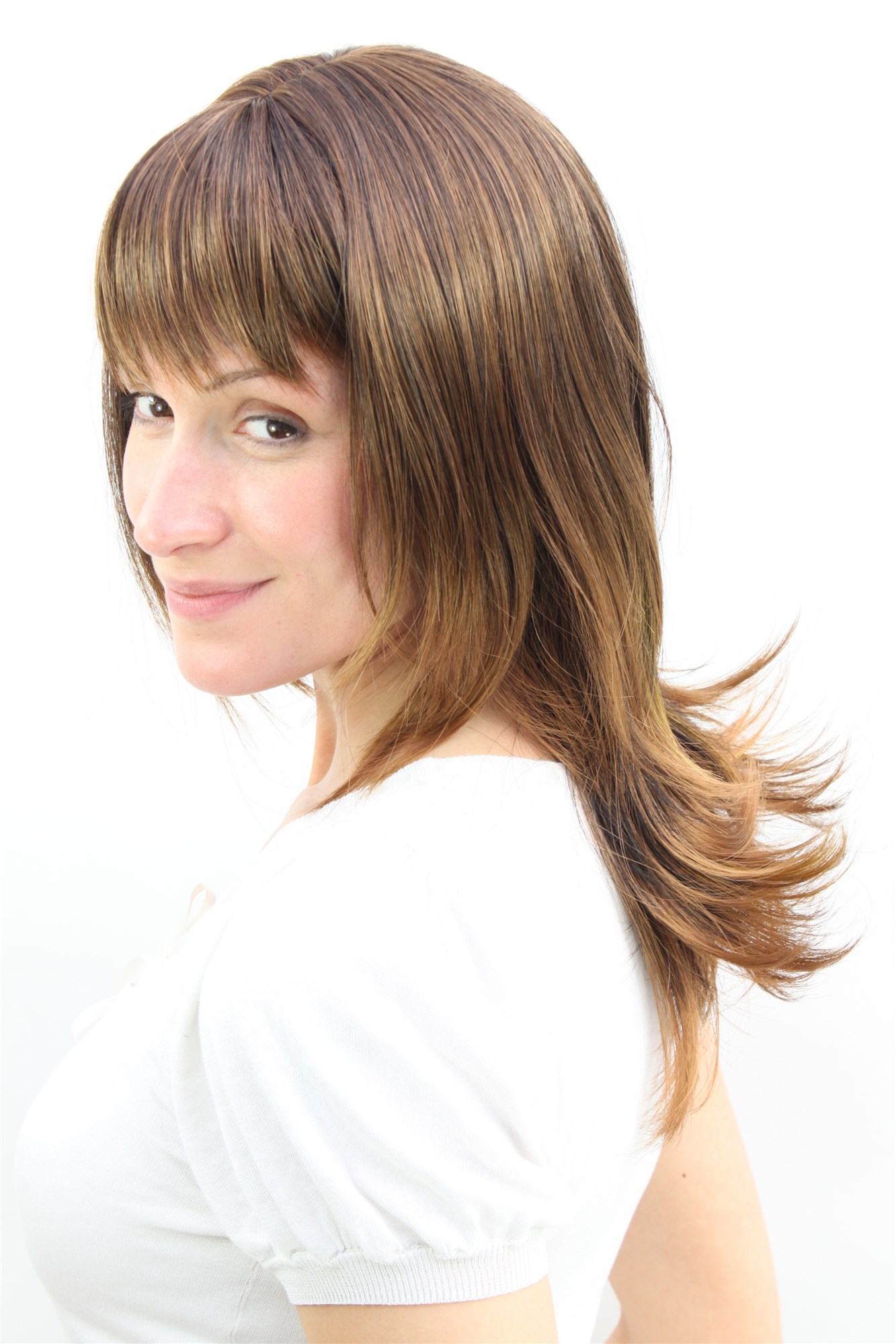 hochwertige Qualitätsperücken, Frauen Perücke schulterlang glatt gestufte Haare Braun-Blond-Mix 3003-30H144, Ansicht 4, WIG ME UP: Ihr Perücken Online Shop glatte Tressen-Perücke mit Kopfhaut-Imitat Braun-Blond-Mix schulterlange Haare für Damen