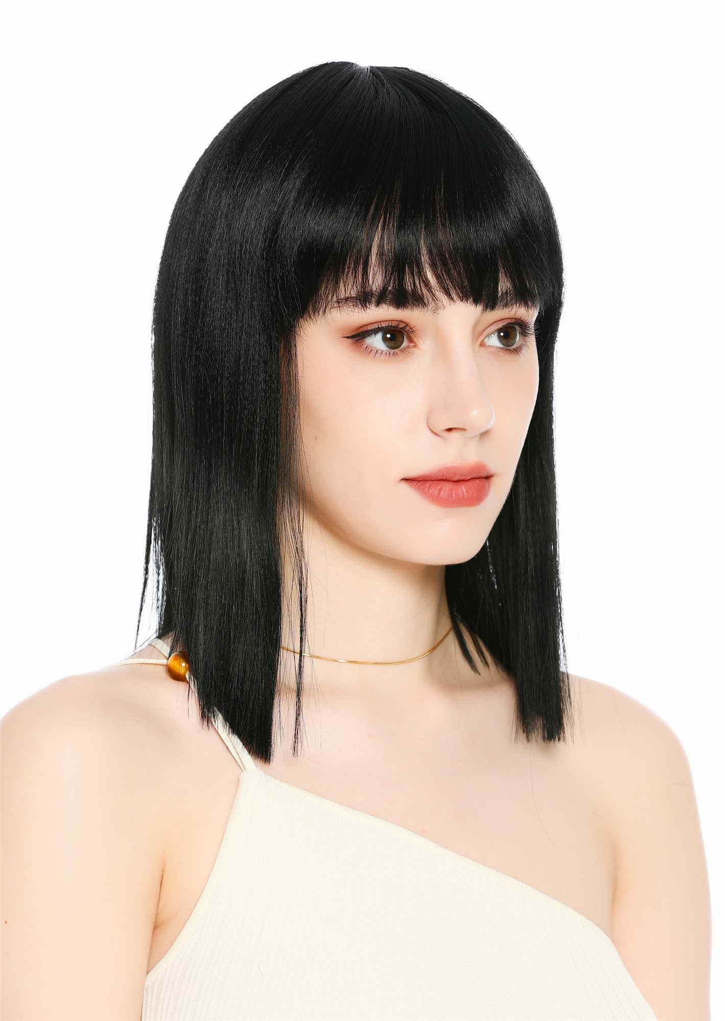 Perücke Damen Longbob glatt schulterlang Pony Clavi-Cut Schwarz Tiefschwarz VK-64-1