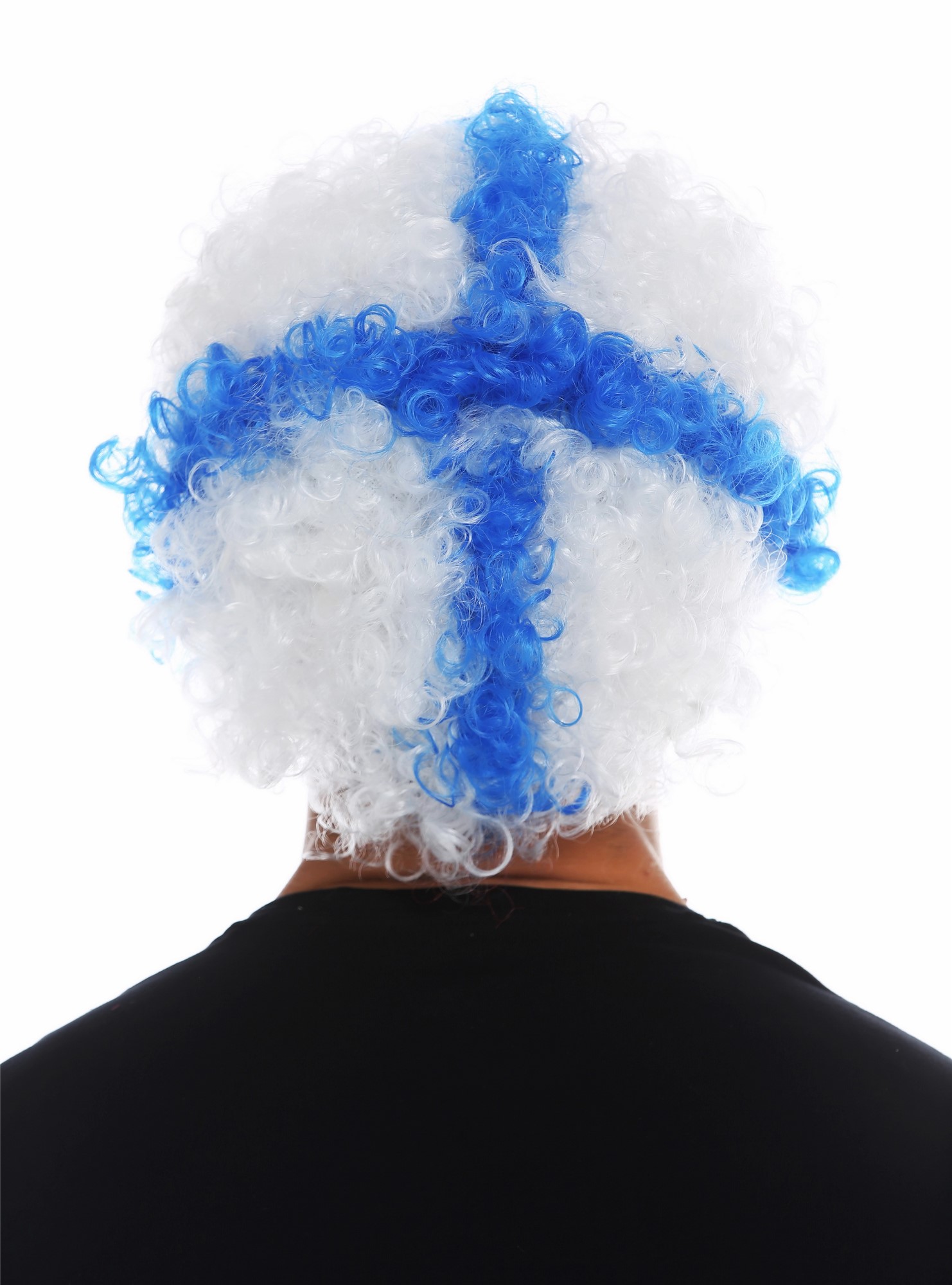 günstige Party Perücke, Perücke Fan Afro Finnland Blaues Kreuz auf Weiß MMAM-15M-K06+K2079, Ansicht 2, WIG ME UP: Ihr Perücken Online Shop lockige Party Perücke Blau-Weiß-Mix kurze Haare Unisex