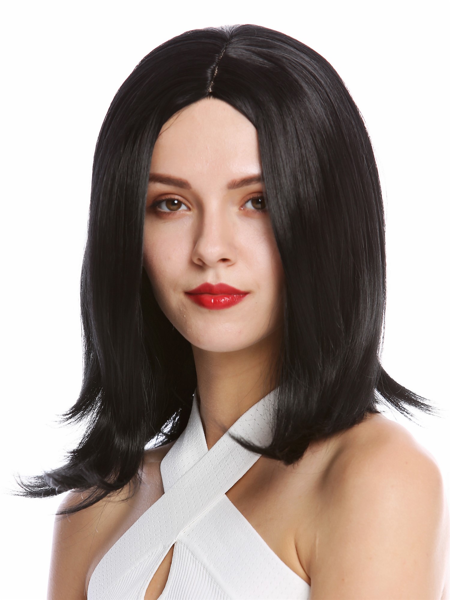 hochwertige Qualitätsperücken, Perücke kurz Longbob Scheitel Schwarz YZF-4358-1, Ansicht 3, WIG ME UP: Ihr Perücken Online Shop glatte Tressen-Perücke mit Kopfhaut-Imitat Schwarz schulterlange Haare für Damen