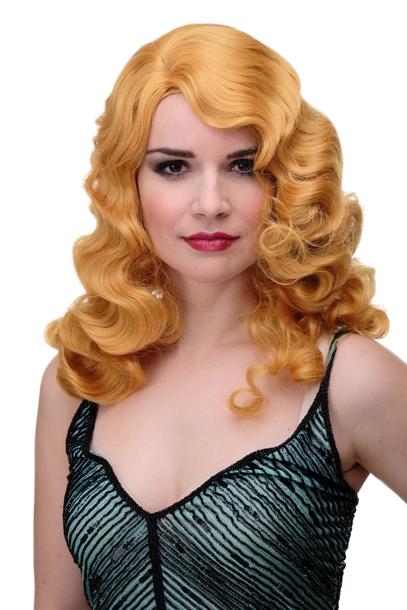 hochwertige Qualitätsperücken, Perücke Diva Wasserwelle Kupferblond GF-W1860-144, Vorderansicht, WIG ME UP: Ihr Perücken Online Shop wellige Tressen-Perücke mit Kopfhaut-Imitat Goldblond lange Haare für Damen