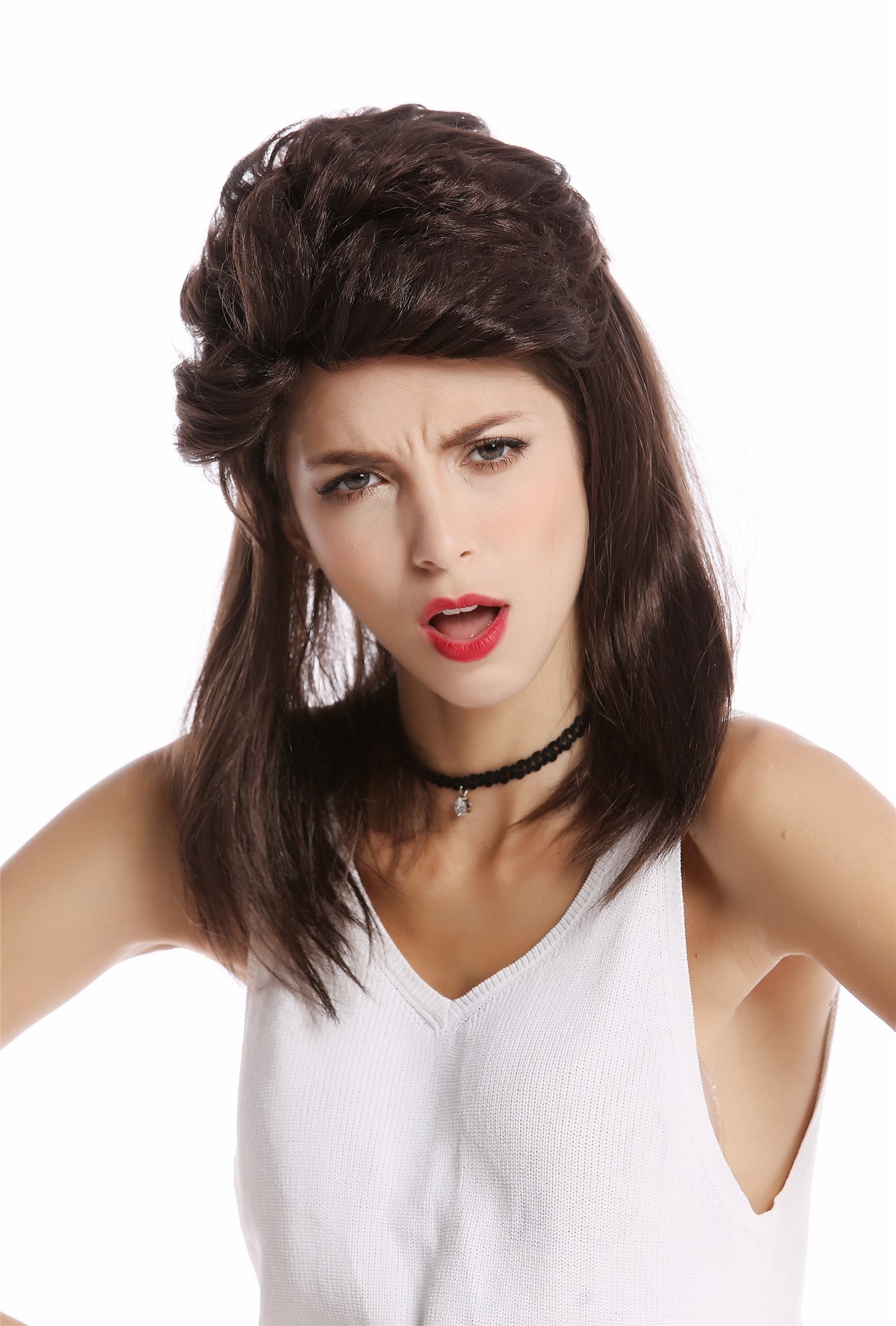 90832-ZA2 Wig Ladies Men Halloween Carnival mullet dark brown teased 80s, view 3, WIG ME UP: Your Perücken Online Shop Party Wig, Unisex, Brown, wavy, shoulder-length