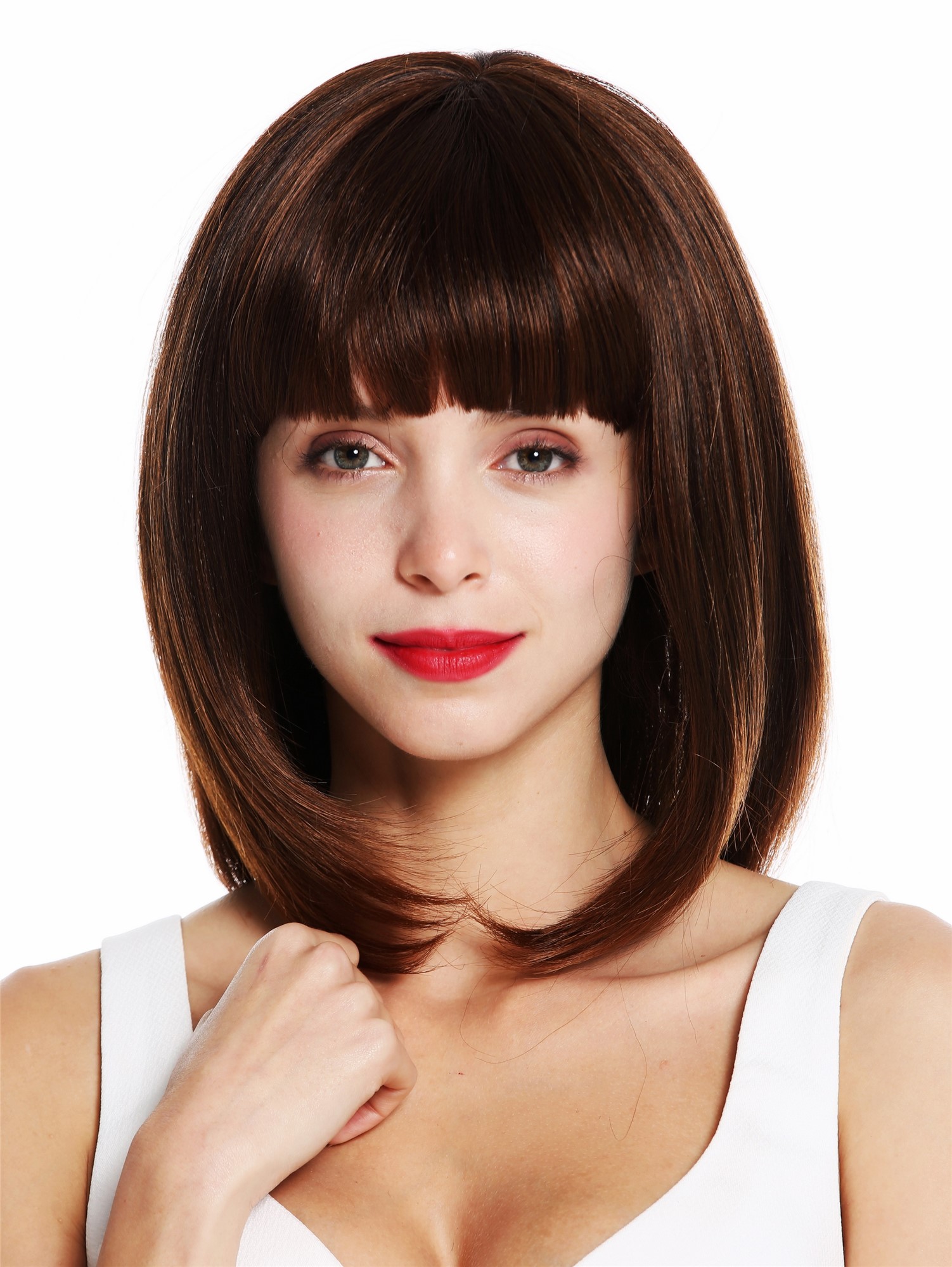 hochwertige Qualitätsperücken, Perücke Longbob schulterlang glatt Pony Kastanienbraun VK-49-2T30, Ansicht 2, WIG ME UP: Ihr Perücken Online Shop glatte Tressen-Perücke mit Kopfhaut-Imitat Braun-Mix schulterlange Haare für Damen