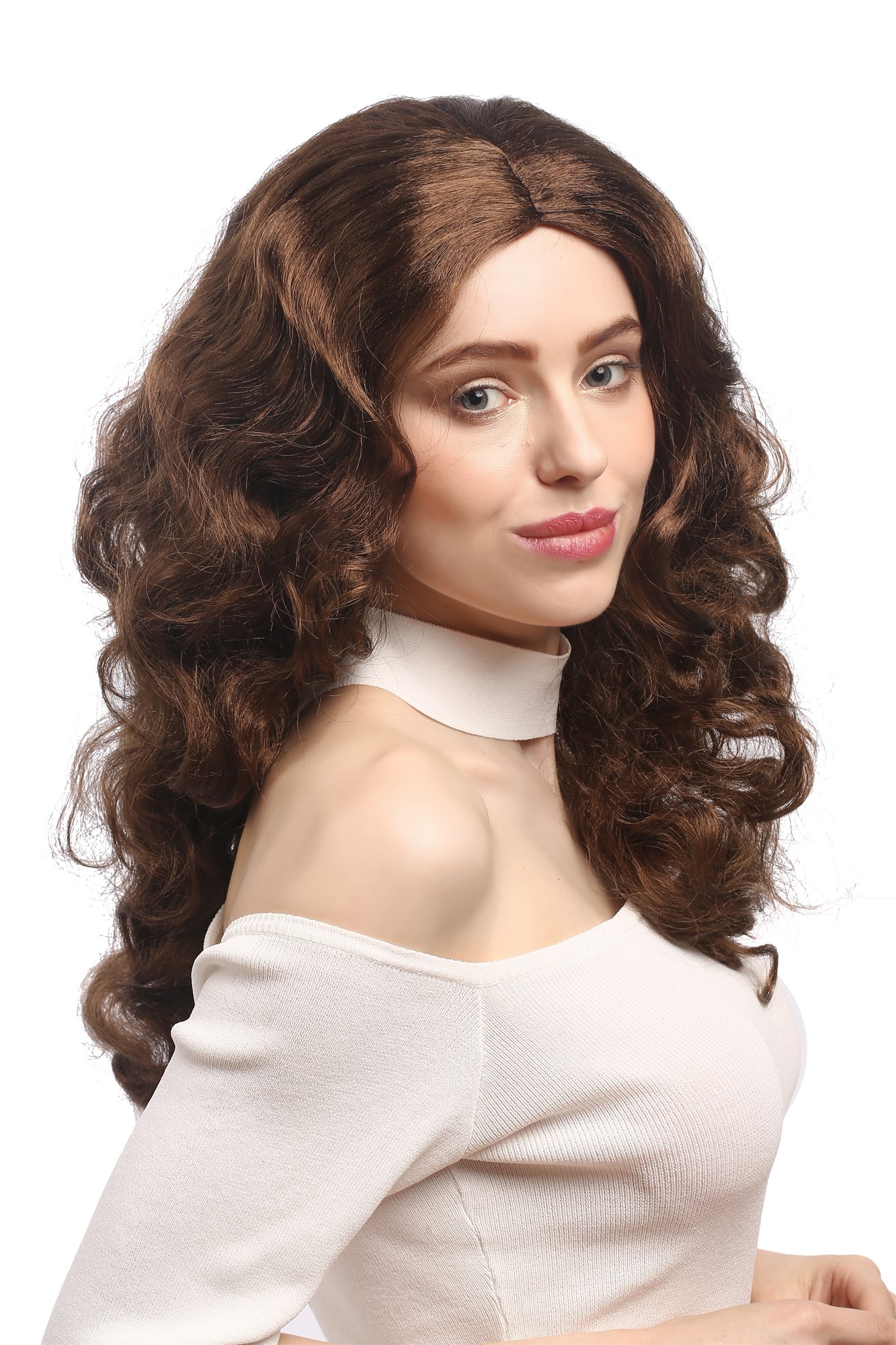 Lady Party Wig Halloween Fancy Dress Diva brown wavy volume middle parting great volume 20", front view, WIG ME UP: Your Perücken Online Shop Party Wig, Ladies, Brown, wavy, long