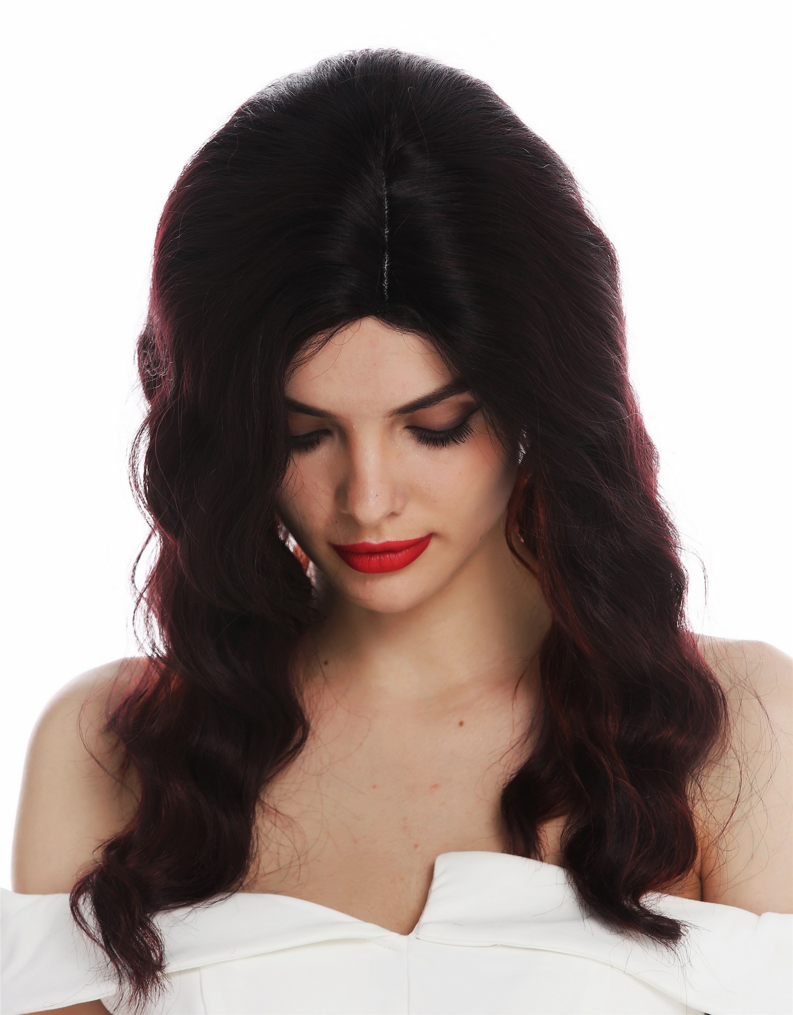 hochwertige Qualitätsperücken, Perücke lang Scheitel edel wellig gewellt Schwarz Rot gesträhnt Hollywood Diva VK-58-OMFIRERED, Ansicht 5, WIG ME UP: Ihr Perücken Online Shop wellige Tressen-Perücke mit Kopfhaut-Imitat Schwarz-Rot-Mix schulterlange Haare für Damen