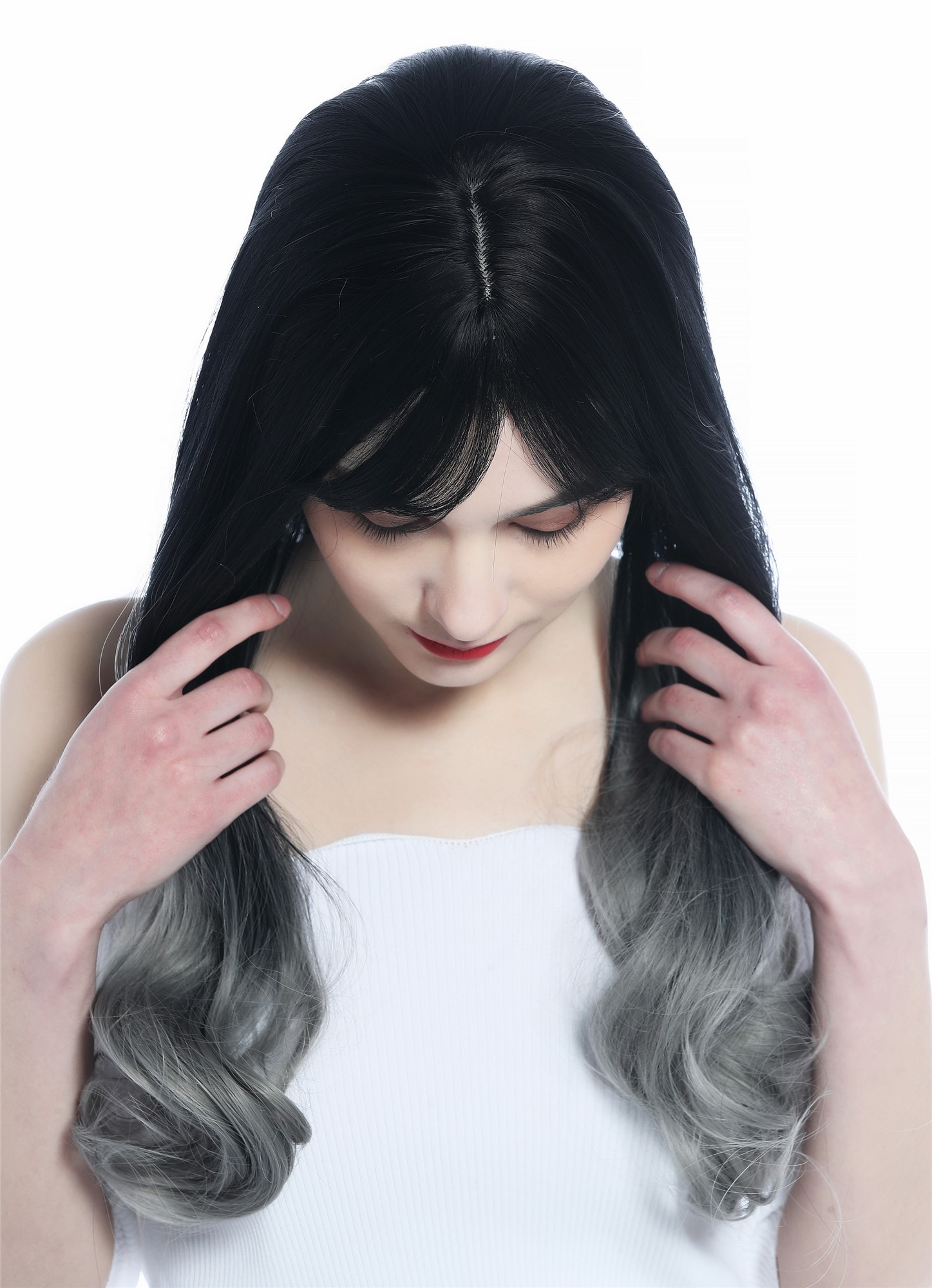 Women's Wig lady long sleek smooth but wavy tips ombre dark brown to grey 1574, view 5, WIG ME UP: Your Perücken Online Shop Quality Wigs, Ladies, Dark brown with gray tips, wavy, long