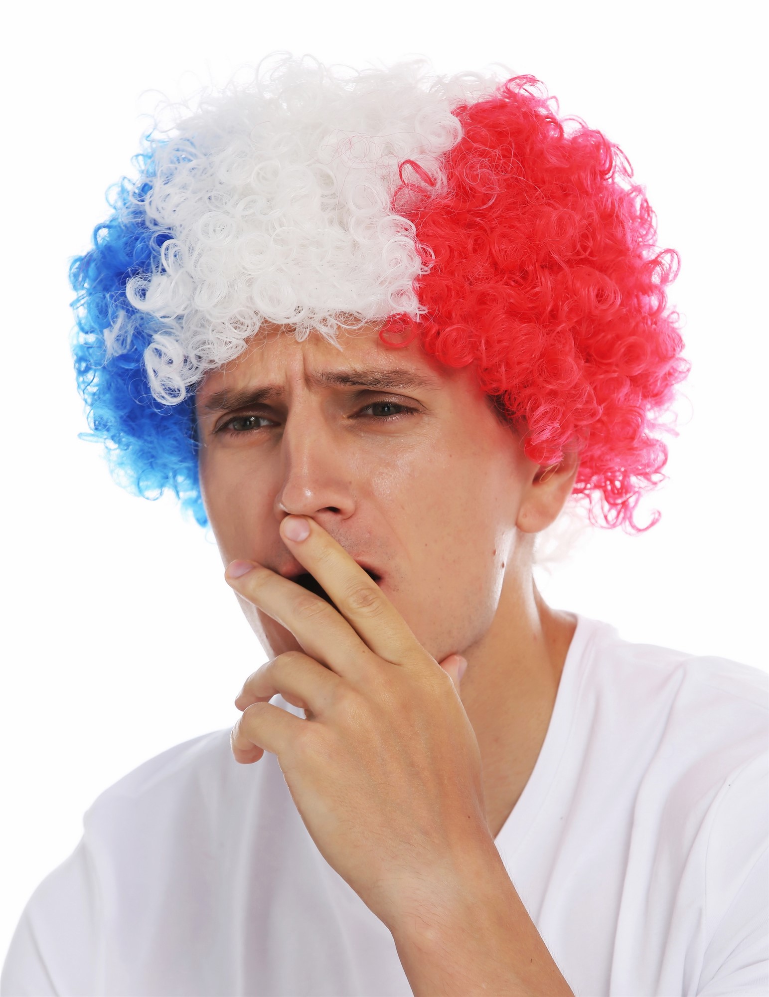Fan wig afro soccer football world cup tricolor blue white red France MMAM-15M , view 2, WIG ME UP: Your Perücken Online Shop Party Wig, Unisex, red-blue-white mix, curled, short