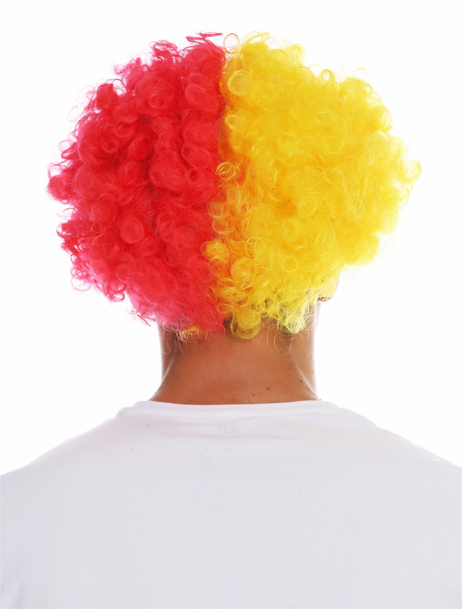 günstige Party Perücke, Perücke Afro Fan Clown Rot Gelb MMAM-15M-K120B+K3070, Ansicht 4, WIG ME UP: Ihr Perücken Online Shop lockige Party Perücke Knallrot-Knallgelb-Mix kurze Haare Unisex
