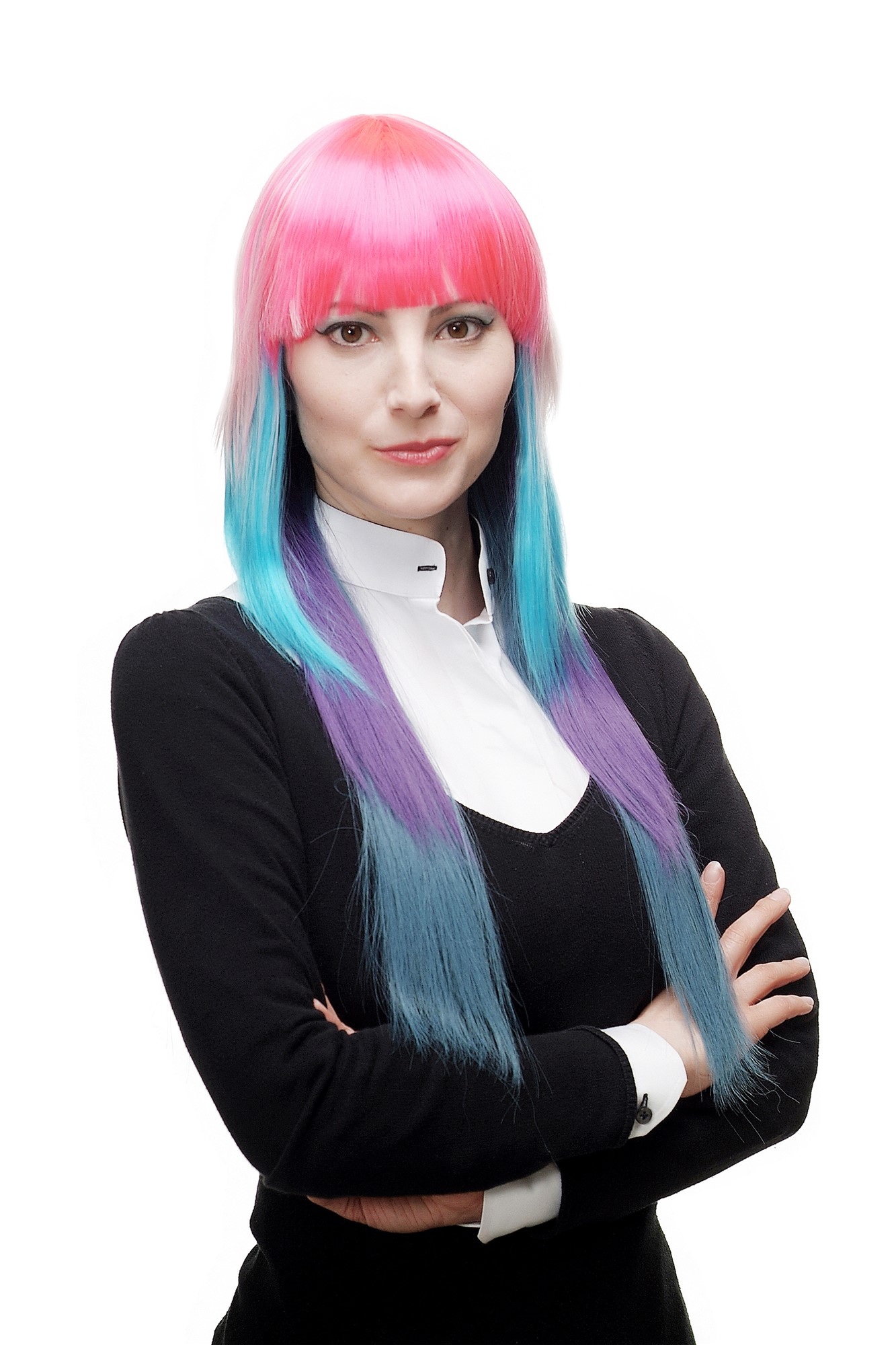 hochwertige Qualitätsperücken, Perücke Cosplay Bunt Pony Lang H9014-A-B-C-P-Z, Vorderansicht, WIG ME UP: Ihr Perücken Online Shop glatte Tressen-Perücke Pink Blau Weiß lange Haare für Damen