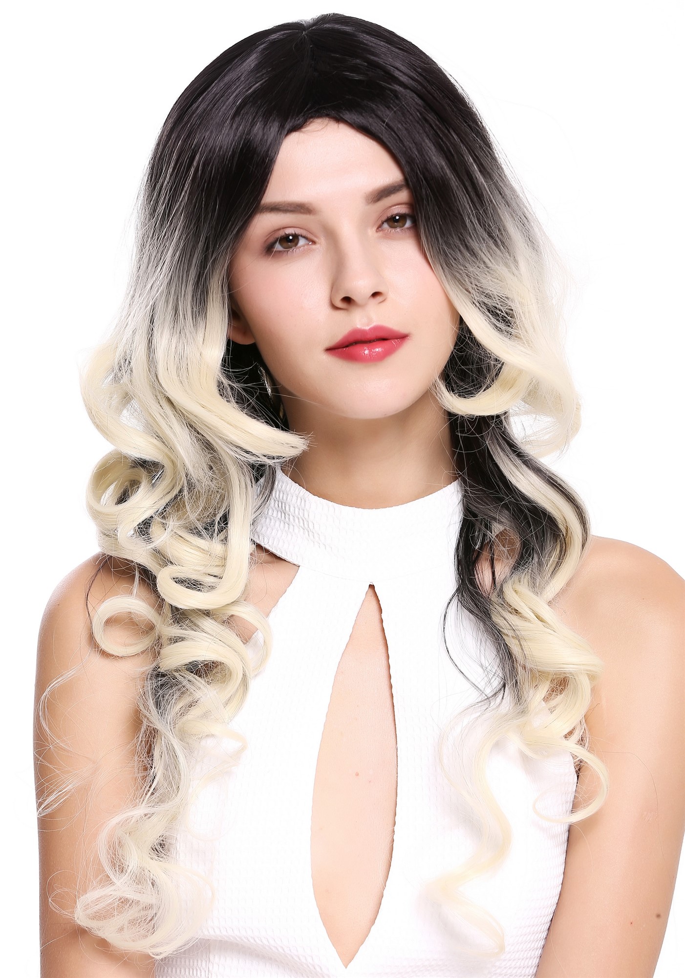 hochwertige Qualitätsperücken, Perücke Lang Locken Ombre Schwarz Platin Blond ZM-1668-613R1B, Vorderansicht, WIG ME UP: Ihr Perücken Online Shop lockige Tressen-Perücke mit Kopfhaut-Imitat Schwarz-Platinblond-Mix lange Haare für Damen